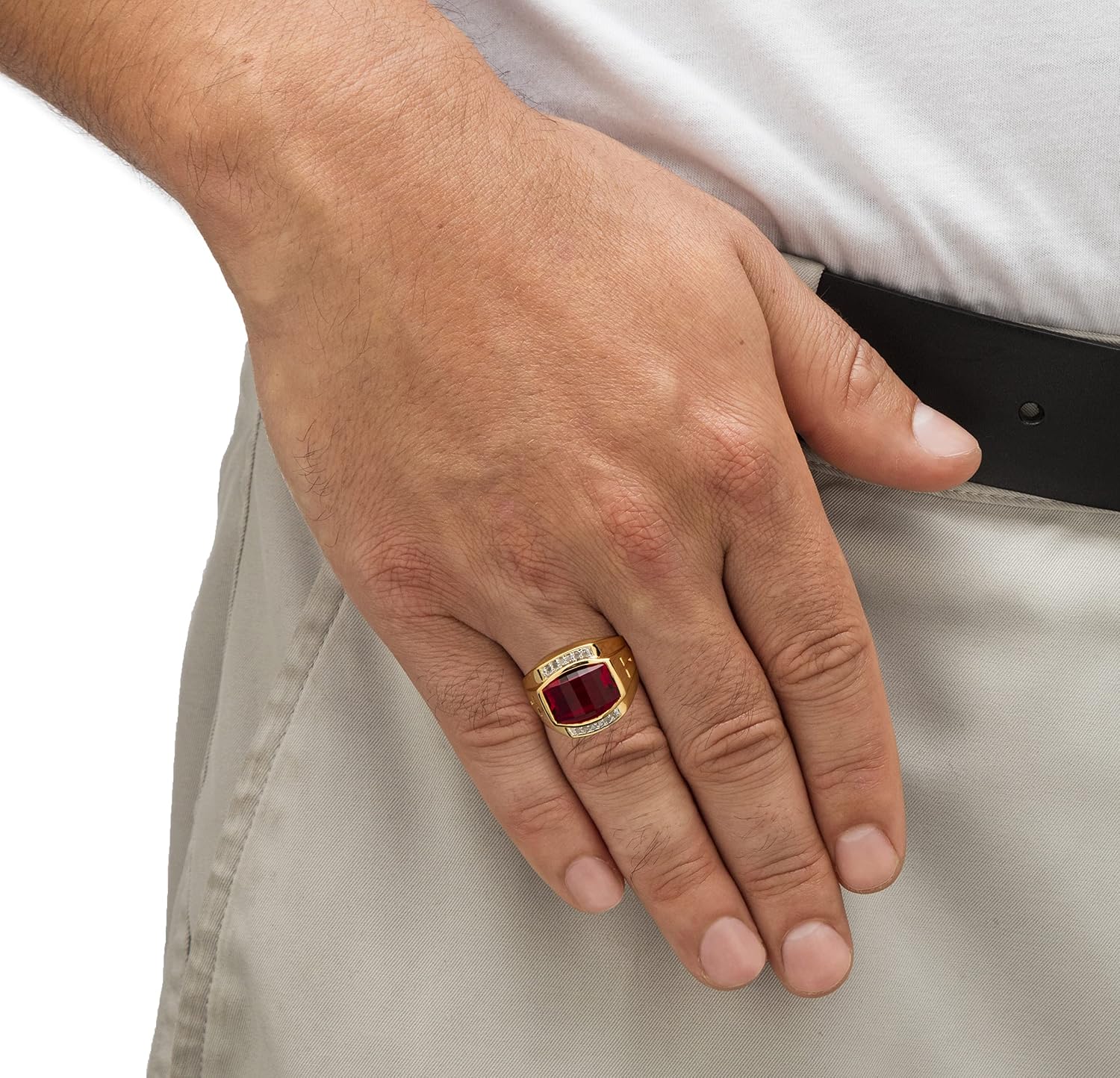 Palm Beach Jewelry Men's 18K Yellow Gold Plated Emerald Cut Created Red Ruby and Diamond Accent Ring