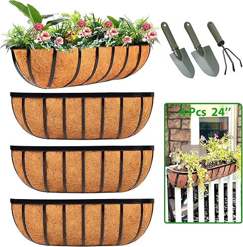 Maceta de barandilla para ventana, paquete de 4 macetas de 24 pulgadas para balcón con forro de coco y fibra de coco, cesta de flores colgante de