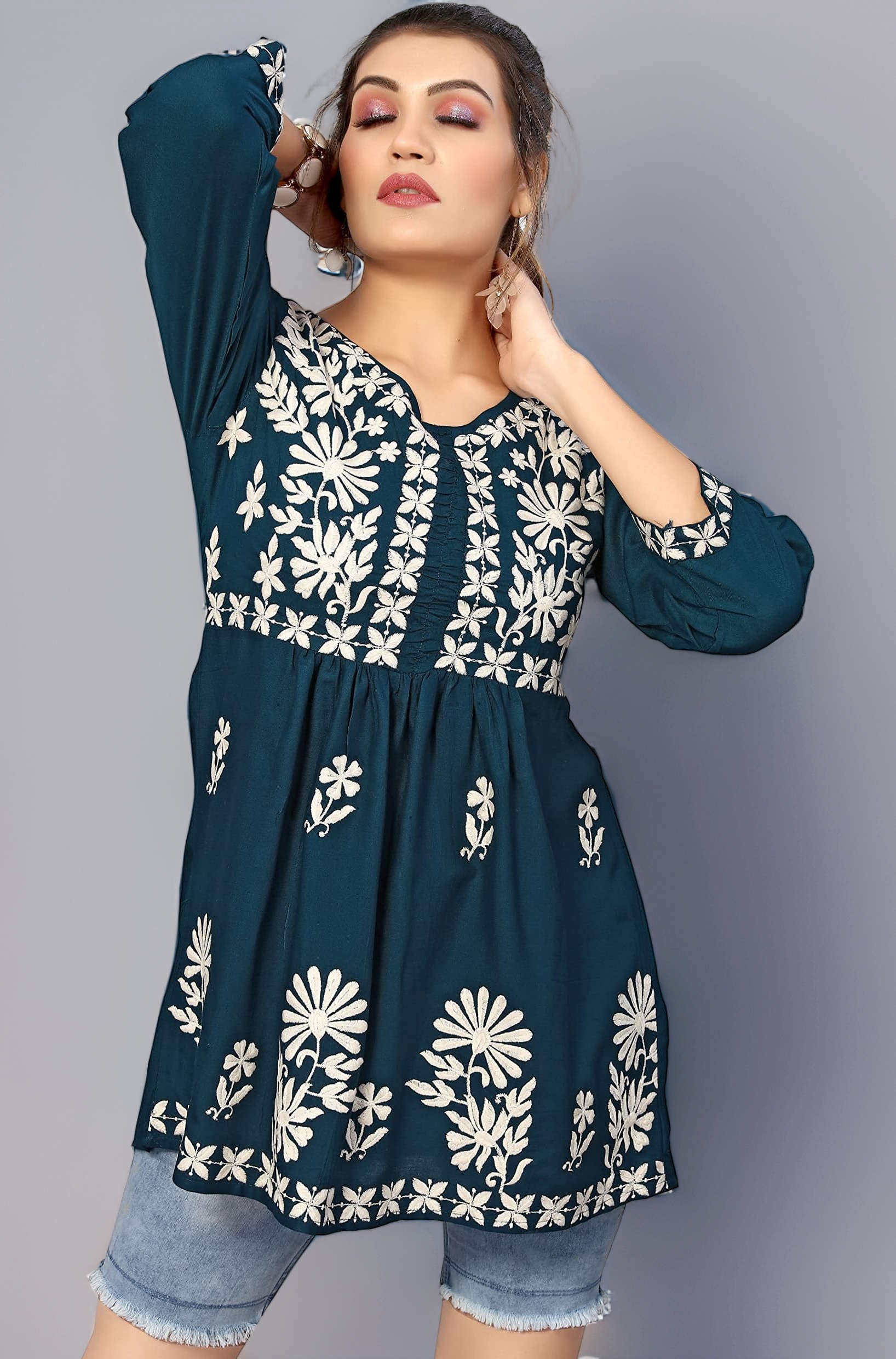 Bee M Pee Designer Short Kurti Tops for Jeans for Women I Chikankari Rayon Cotton Long Kurta Kurti for Women I Stylish wear Kurti top for Girls