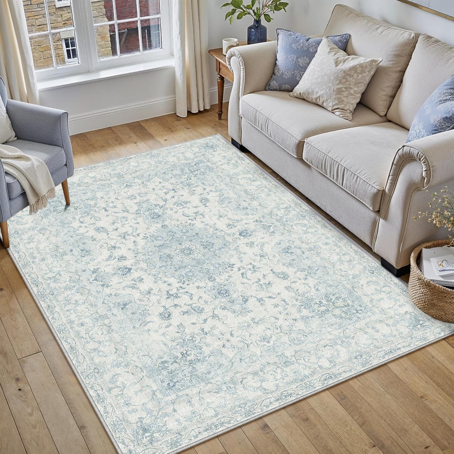 HUGEAR 3x5 Entryway Area Rug Vintage Blue Small Rug Machine Washable Door Mat Neutral Floral Low Pile Carpet Vacuumable Thin Throw Rug Entrance Kitchen Bedroom Bathroom Non Slip Lightweight