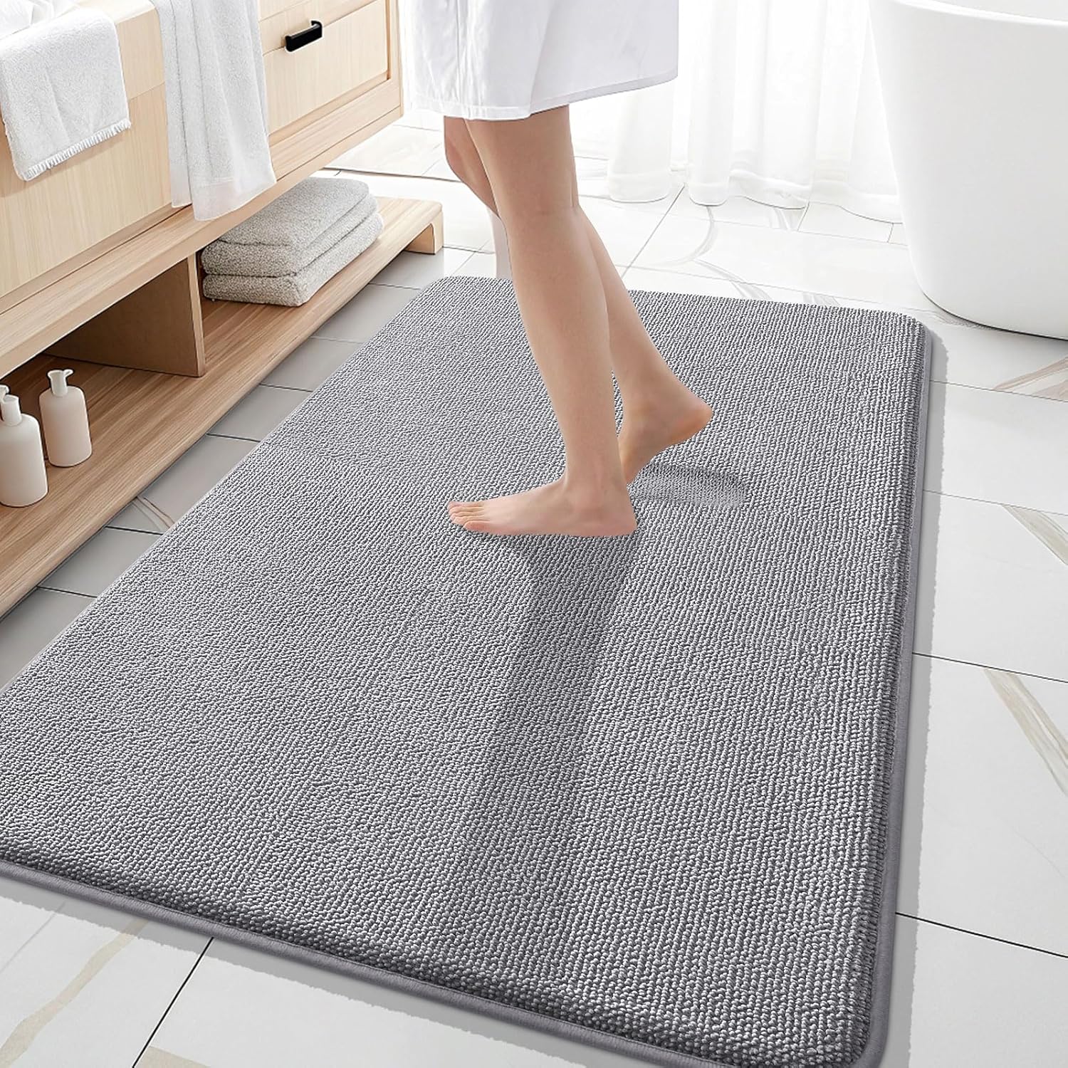 OLANLY Thick Memory Foam Bath Mat Rug 59x35, Extra Soft Absorbent Bathroom Rugs, Quick Dry Bath Mats, Non-Slip, Machine Washable Carpet for Bathroom, Tub and Shower, Home Decor Accessories, Grey