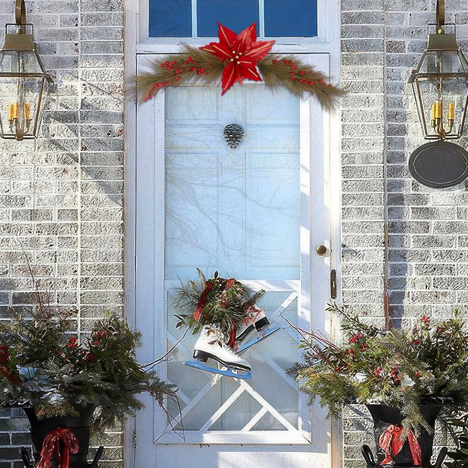 CITYES Christmas Swag Decoration Floral Swag with Berries and Silk Poinsettia Flowers Pine Needles Greenery 41.34 Inch Christmas Swag Xmas Door Swag for Front Door Festival Decor Wall Arch Window