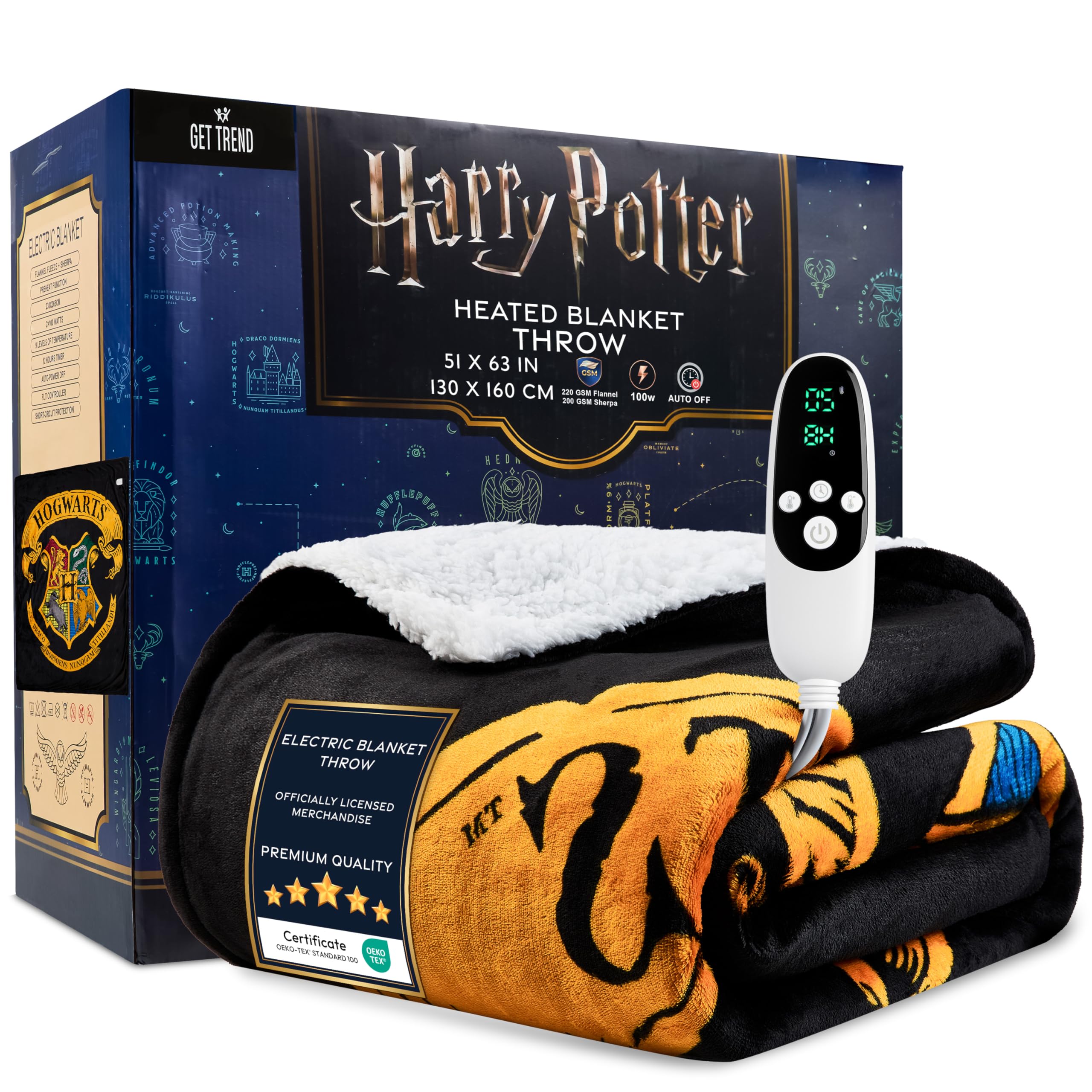 Harry Potter Electric Blanket 130x160cm, Single Size Soft & Luxurious Sherpa Fleece Heated Blanket, 9 Heat Settings & 12-Hour Auto-Off Timer (Black Harry Potter, Throw UK)