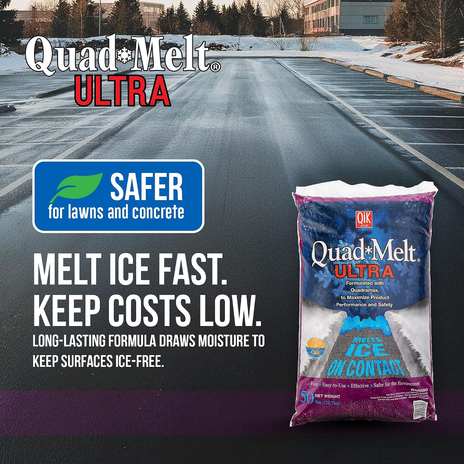 Qik Joe Calcium Chloride Ice Melt - Ultra Instant Snow and Ice Melt with CMA for Sidewalks, Driveways, Steps, and Parking Lots - Deicer for Concrete, Asphalt, and Other Surfaces - 50 Lbs