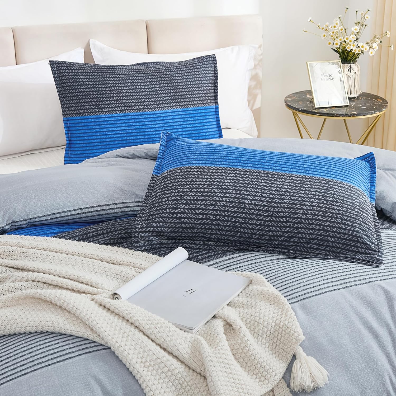 Litanika Bed Comforter Queen Set Grey Blue, Striped Bedding Set, 3 Pieces Lightweight Soft All Season Down Alternative Comforter and Pillowcases - Image 7