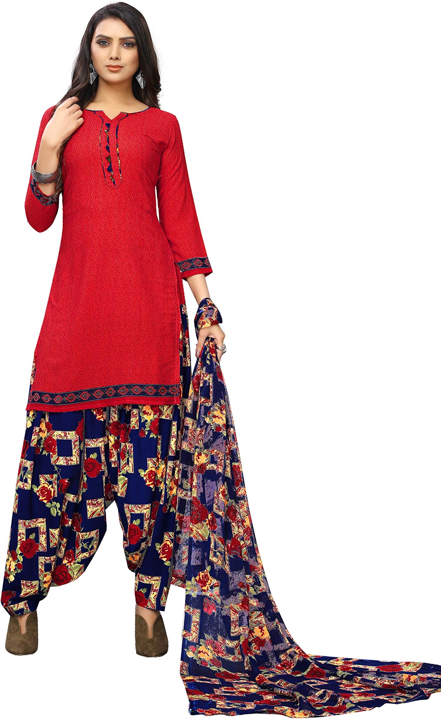 GenericUnstitched Crepe Dress Material Suit with Chiffon Dupatta and Crepe Salvar Piece