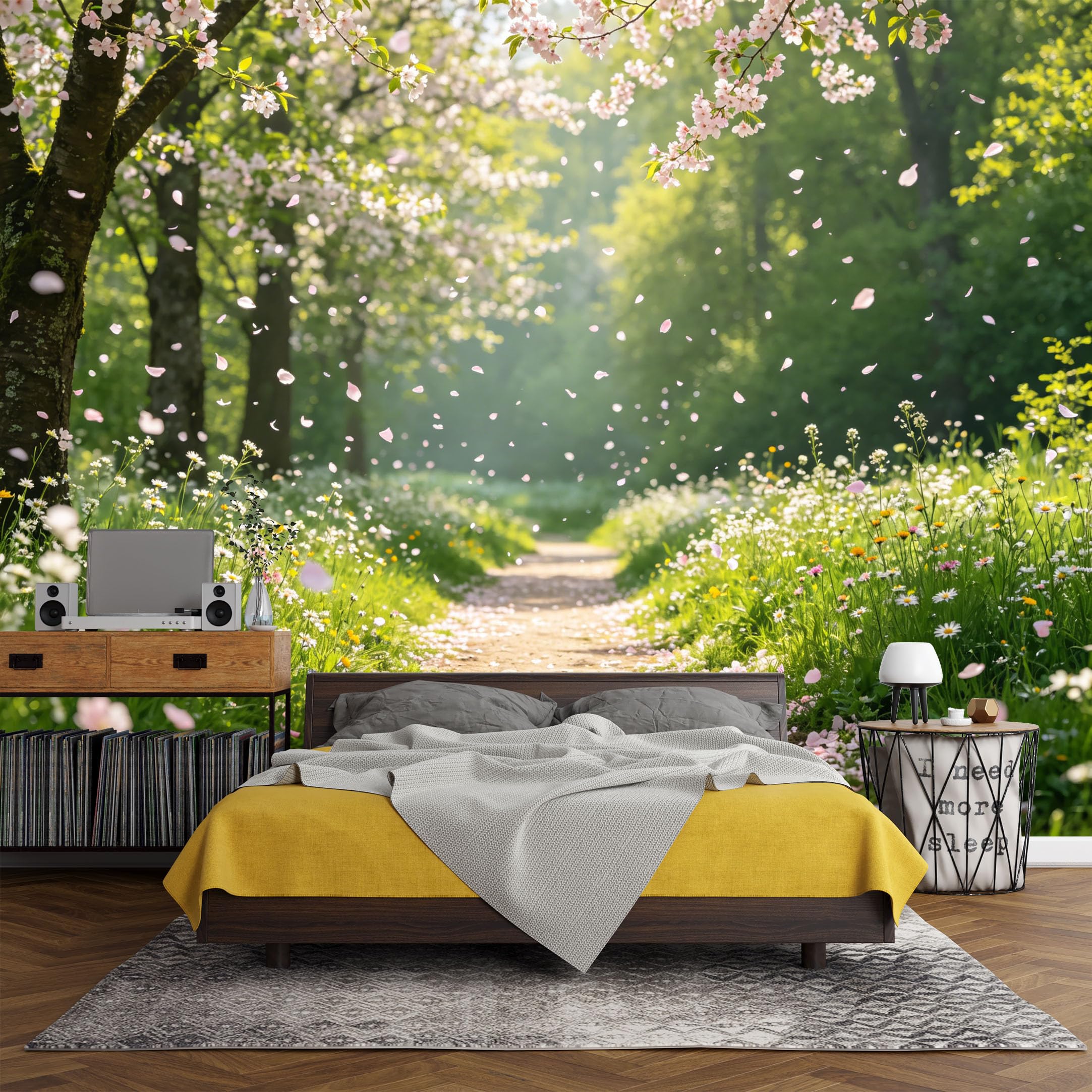 Custom Size Wall Mural， Botanical Spring Blossom Pathway Forest Garden Landscape， SelfAdhesive Art Prints wall Fabric (No PVC) Removable Wallpaper Living Room Decor