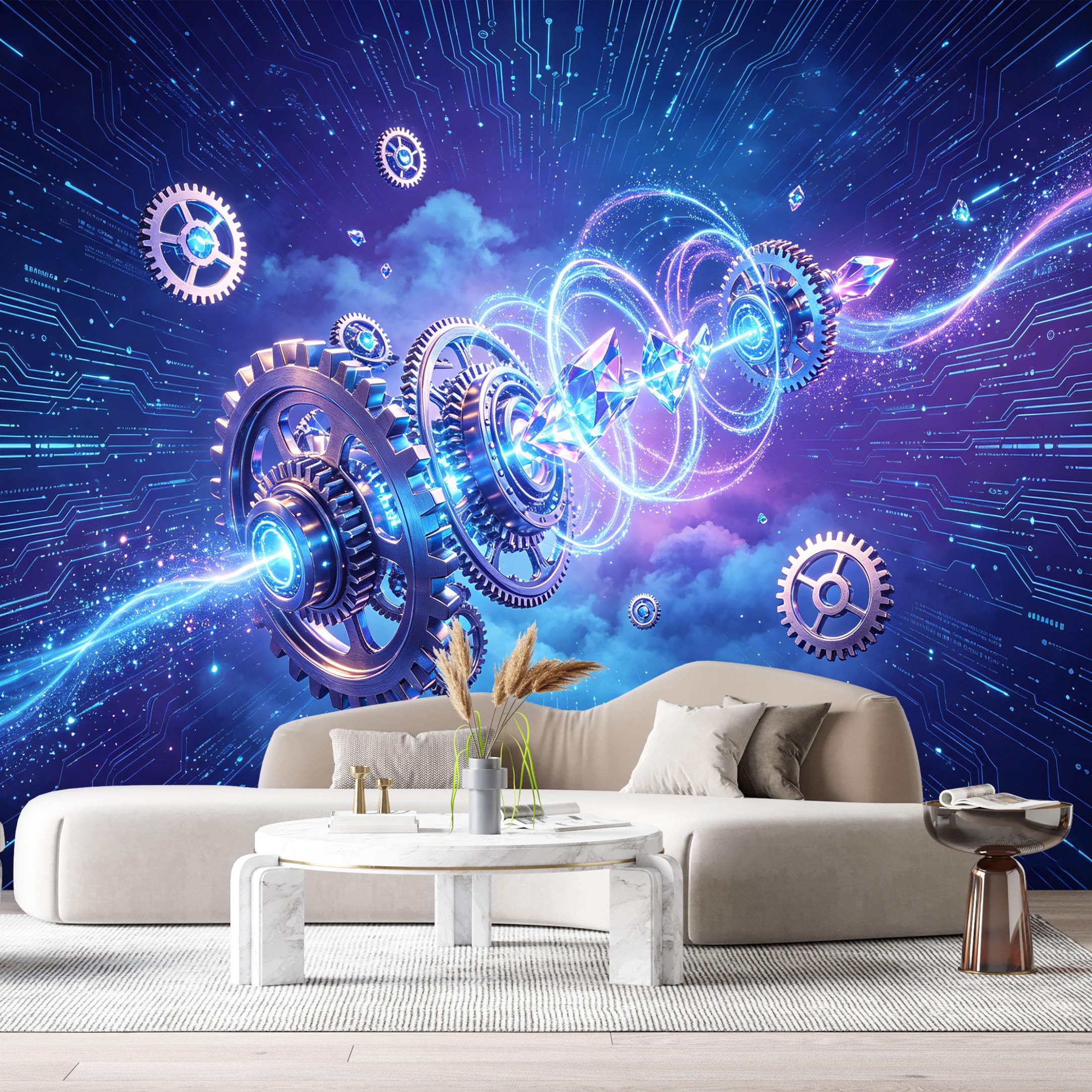 Custom Size Wall Murals Futuristic Technology Abstract Gear Circuit Pattern 3D Neon Light Crystals SelfAdhesive Wall Fabric Removable Large Wallpaper for Photo Living Room