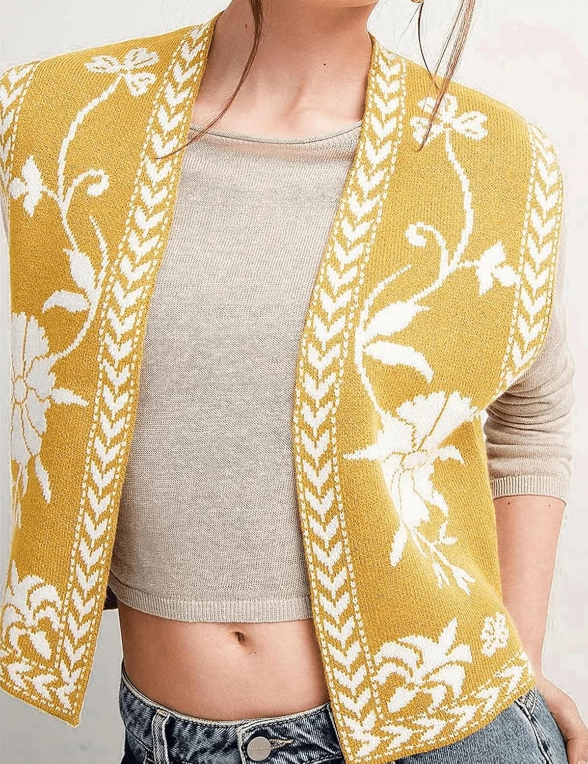 Womens Floral Sleeveless Sweater Vest Boho Printing Cropped Casual Knit Cardigan Top - Image 3