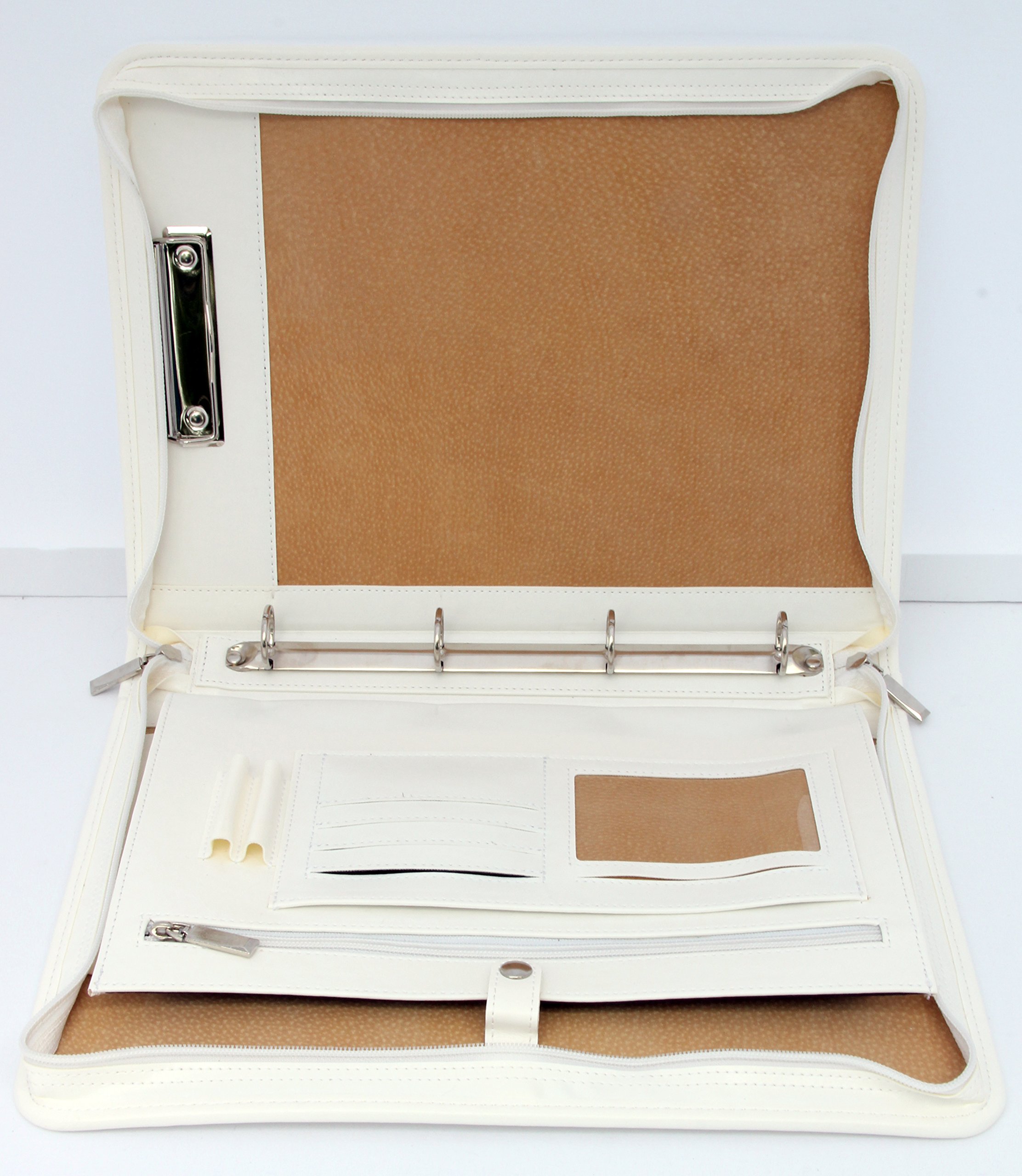 Noda Faux Pu Leather Business Presentation Meeting Conference A4 Folder Clipboard Organiser Ring Binder with Handle (White) - Image 3