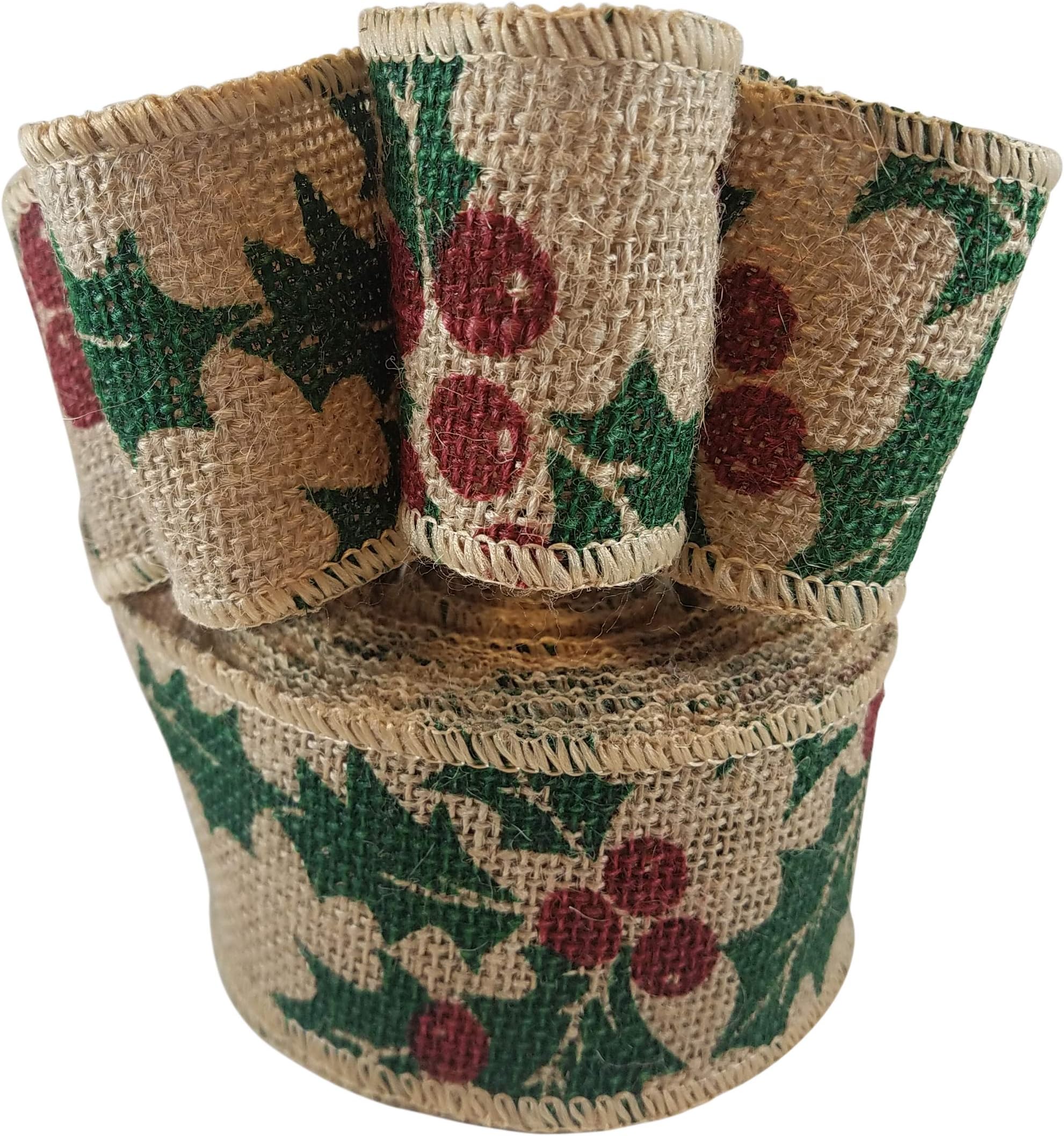 Christmas Holiday Burlap Ribbon with Holly Berry Print - Wired Edge, 2.5 Inches Wide, 10 Yards Long