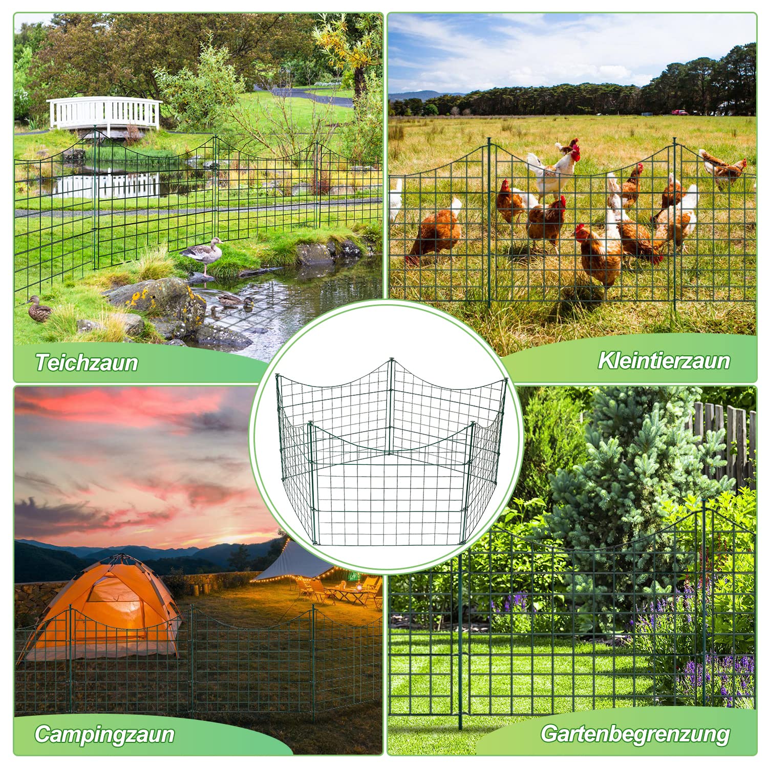Recinzione per laghetto da giardino, set completo in metallo, 5 elementi di recinzione, lunghezza 3,74 m, con 6 aste di fissaggio, recinzione per cani, set per barriera per animali (dritto