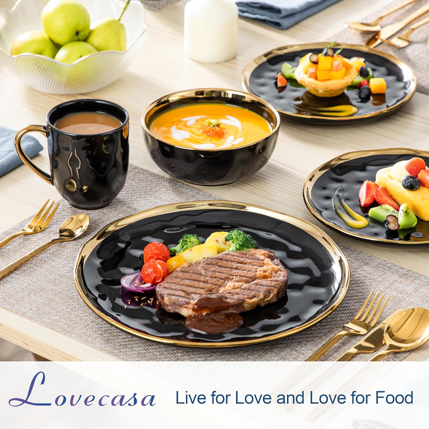 lovecasa 16 pieces plates and bowls sets, porcelain black and gold dinnerware sets, round dinner plates dishes set service for 4, dishwasher safe and scratch resistant, black black and gold 16 piece (service for 4)
