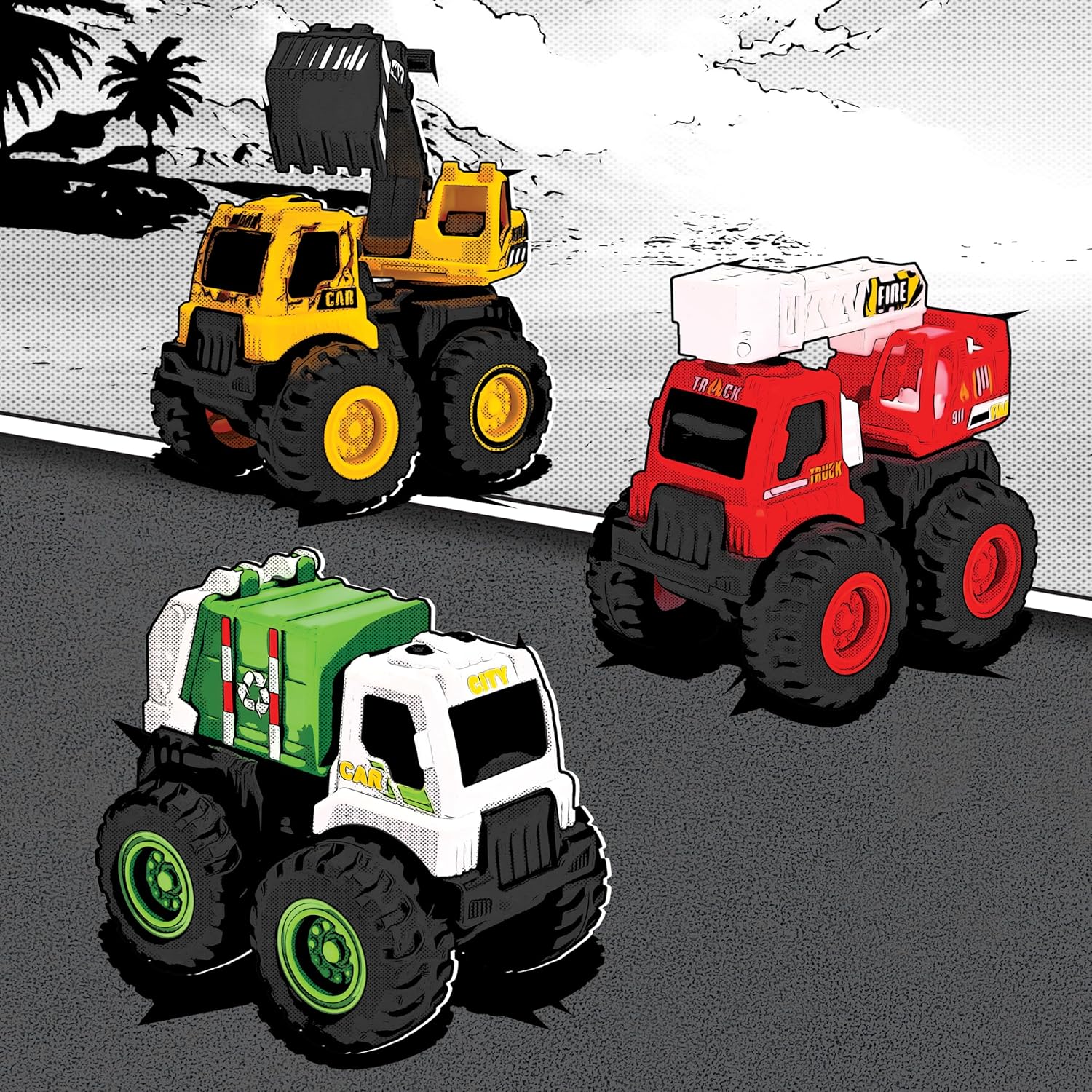 Dickie Toys Mighty Engines Monster Truck (1 Car) - Toy Car for Children from 3 Years with Friction and Rubber Tyres, Random Selection from 3 Models (Excavator, Fire Brigade