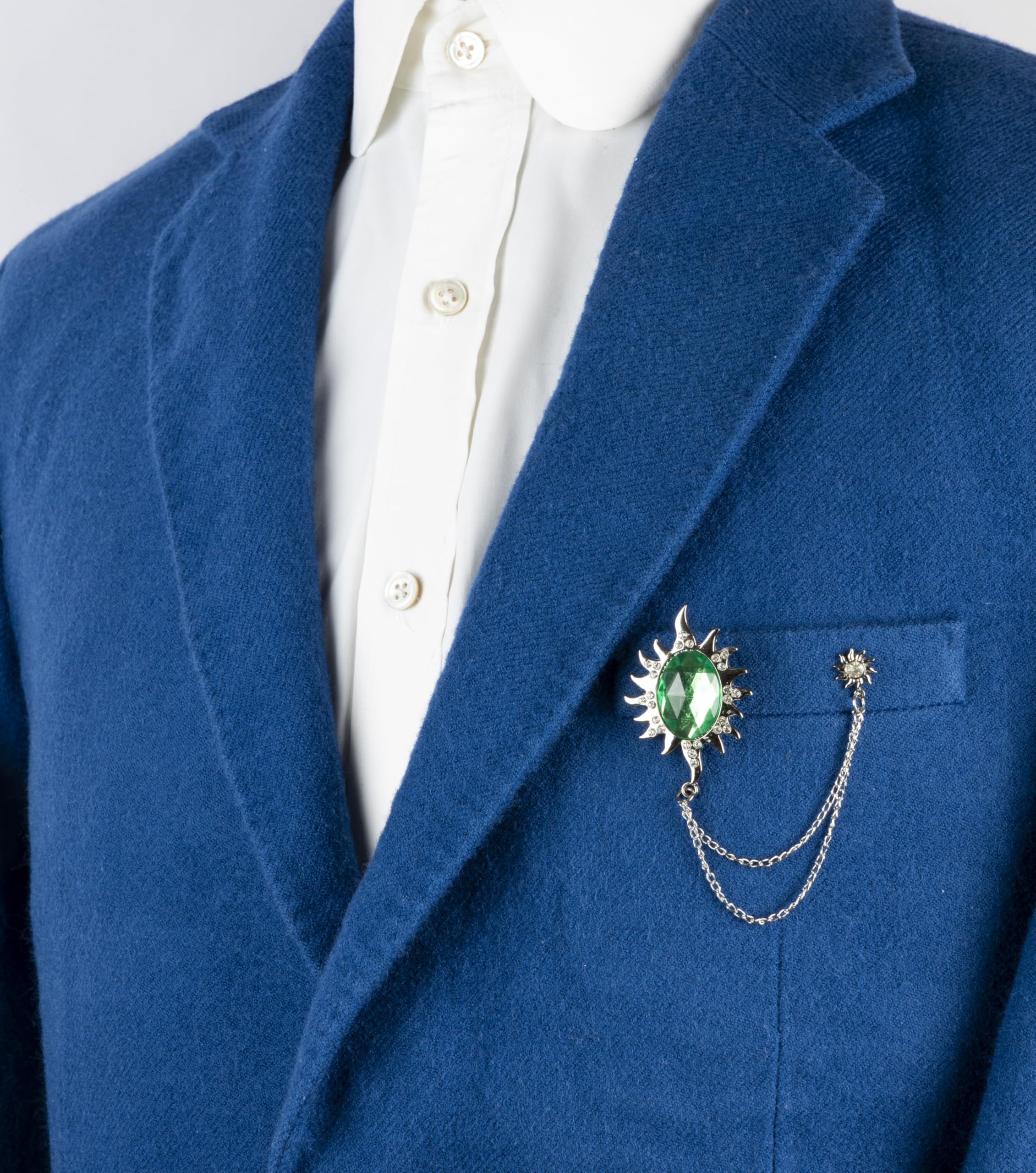 Knighthood Silver Studded Sun Brooch with Green Stone and Hanging Chains Lapel Pin for Men - Elegant Suit Accessory - Image 3