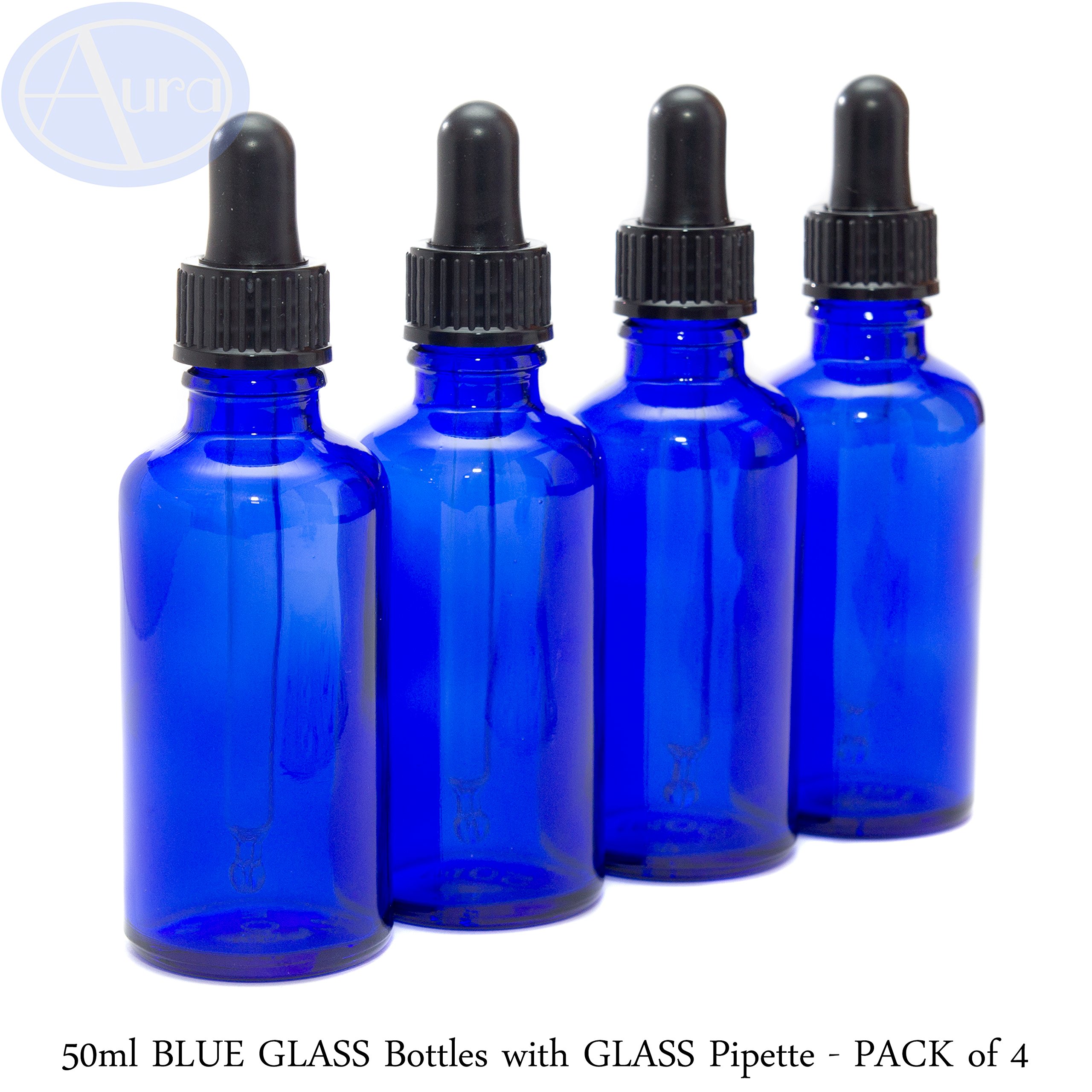 Aura Blue 50Ml Glass Bottles With Glass Pipettes - Pack Of 4