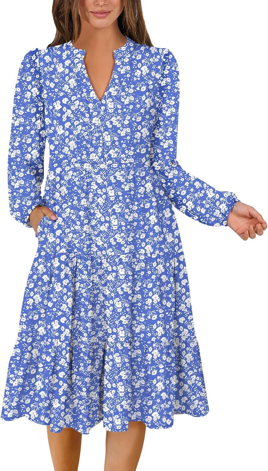 ANRABESS Long Sleeve Midi Dresses for Women V Neck 2025 Fall Fashion Casual Loose Fit Flowy Swing Tiered Vacation Boho Dress