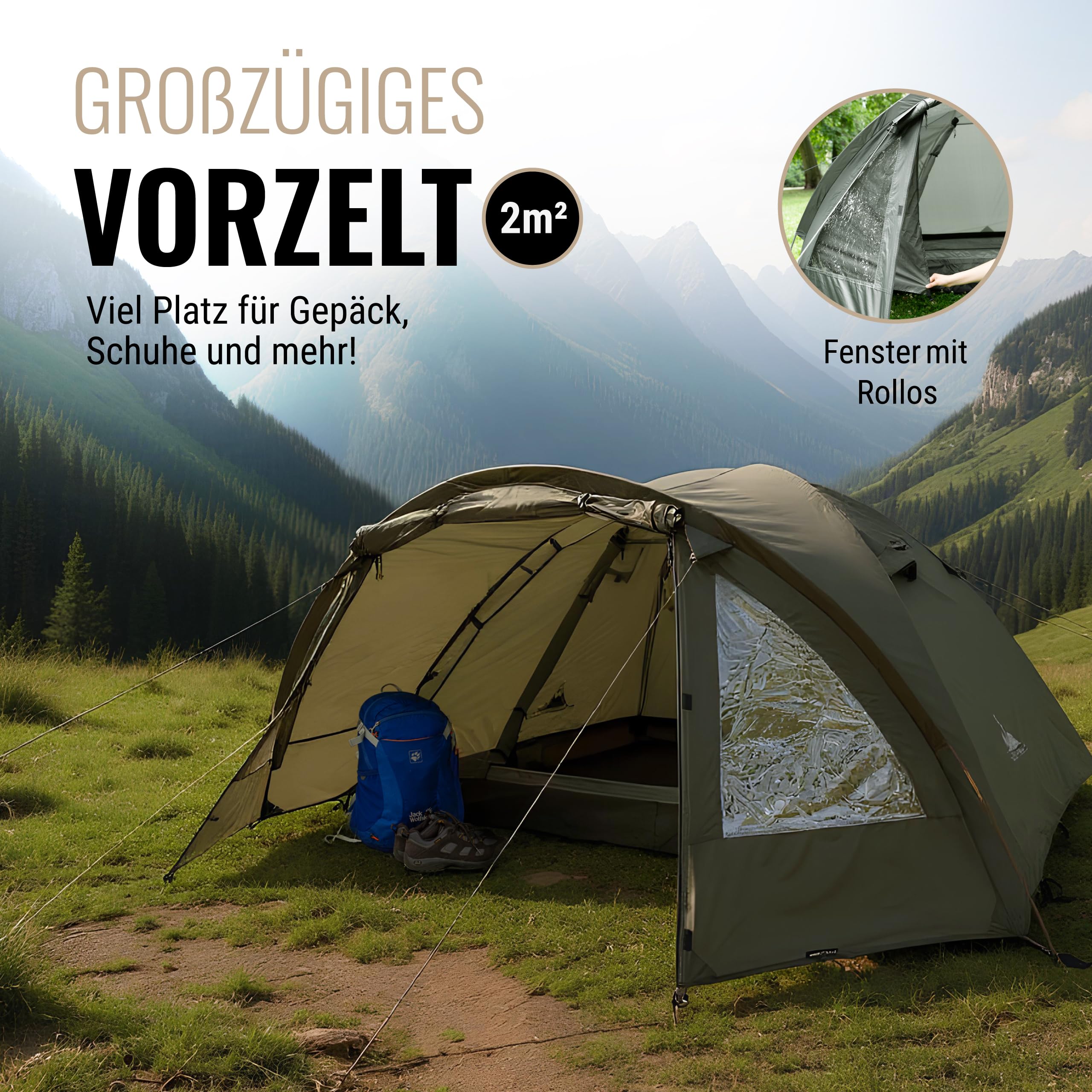 WANDERFALKE® Zelt 2-4 Personen wasserdicht 4.000mm, doppelwandig, leicht & kleines Packmaß, 2-4 Mann Zelt, Campingzelt mit Vorzelt, Familienzelt, Outdoor Zelte für Camping, Reise, Angeln