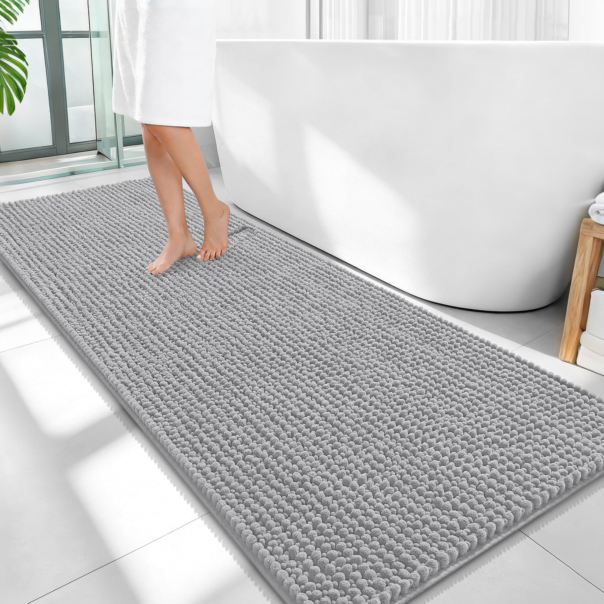 OLANLY Thick Chenille Bathroom Runner Rugs Mats 59x24, Light Grey