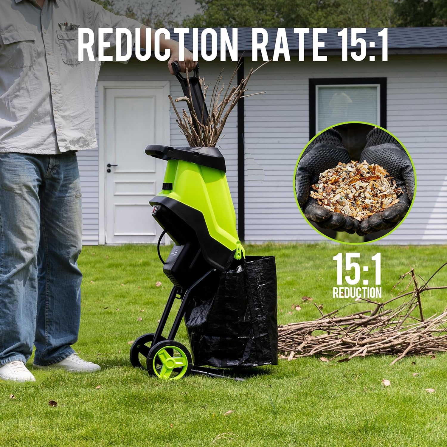 Steelite 15-Amp Electric Wood Chipper with 1.8" Cutting Diameters, 45L Collection Bag Chipper Shredder, Mulcher with Max 15:1 Reduction, Easy-Cleanup Dual Steel Blades Ideal for Branches and Twigs