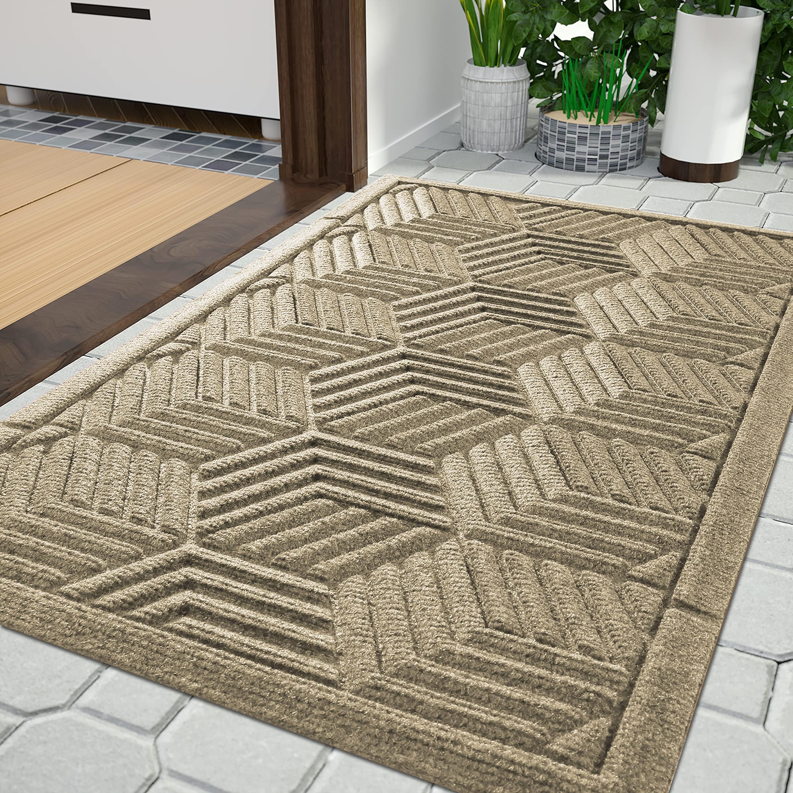 Yimobra Extra Large Door Mat 36x24, All-Season Waterproof Outdoor Mats for Front Door Entrance with Drainage Holes, Heavy Duty Non-Slip Doormat for Garage Patio Entryway Indoor, Beige