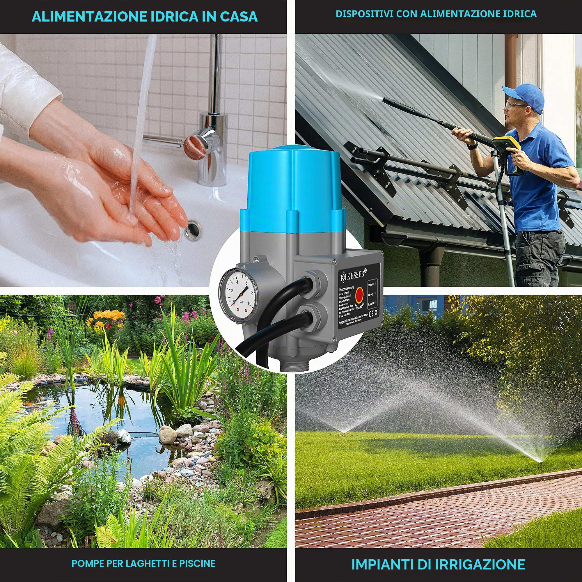 KESSER® Comando per pompa con indicatore di pressione (bar) e cavo Pressostato da 10 bar elettrico L'interruttore di pressione - accensione e spegnimento automatici, con cavo