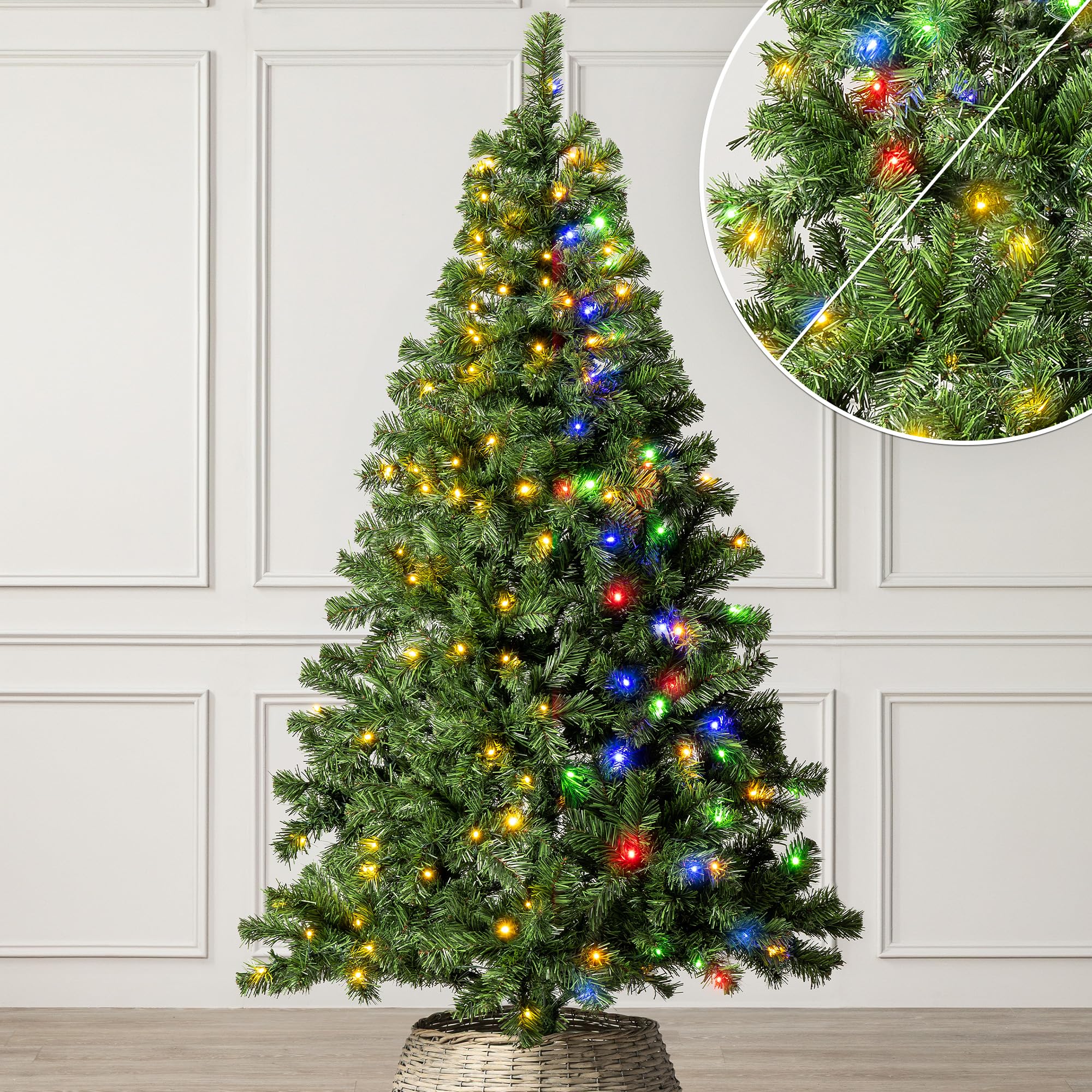 Christow 6Ft - Aspen Spruce Pre-Lit Artificial Christmas Tree 6Ft With Dual-Colour Led Lights (Switch From Warm White To Multi-Coloured, Aspen Spruce, Bushy Pvc Tips, 11 Modes – Colour Changing, Timer, 101Cm Diameter