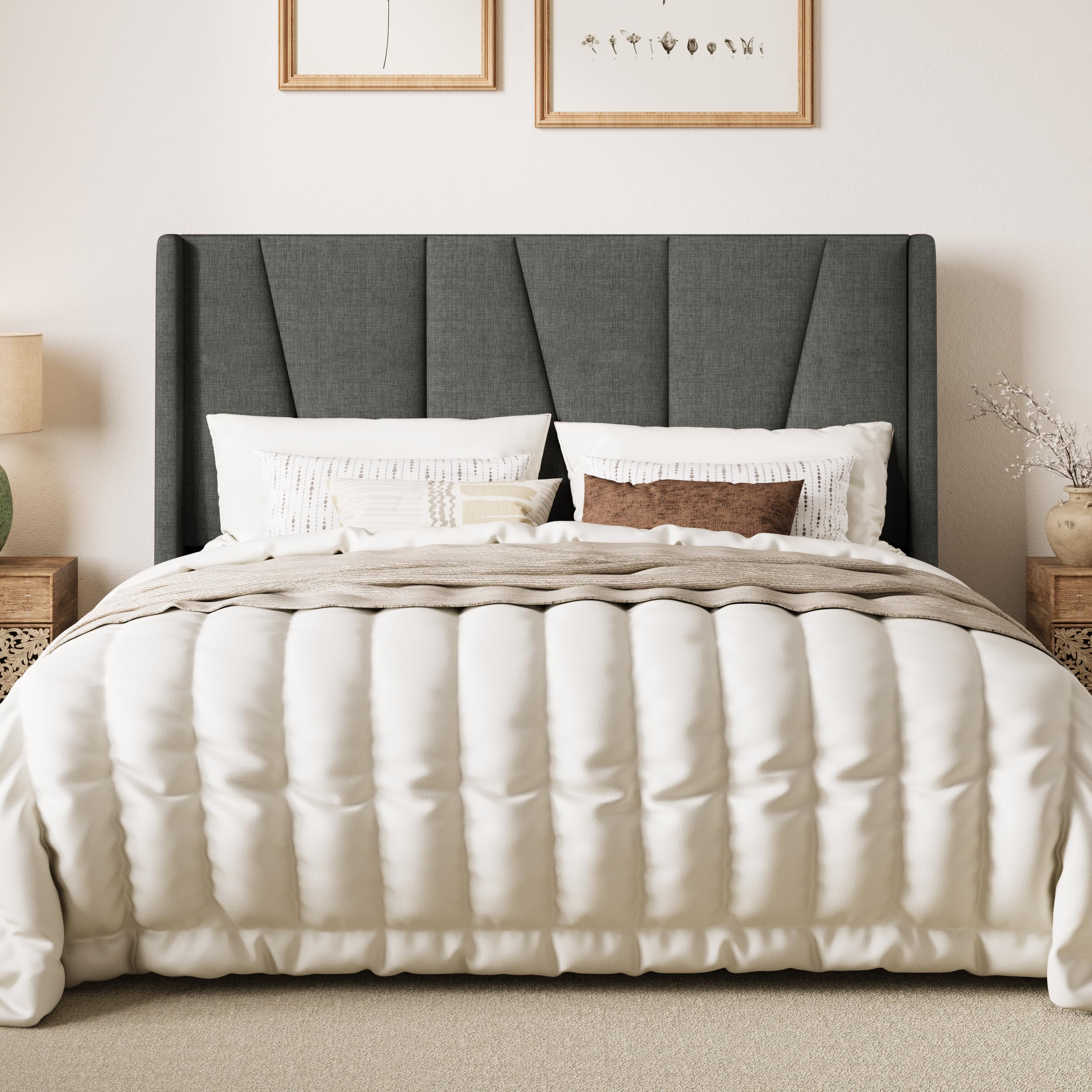 SHA CERLIN Full Size Bed Frame with Geometric Wingback Headboard, Upholstered Platform Bed with Wooden Slats Support, 8" Under-Bed Space, No Box