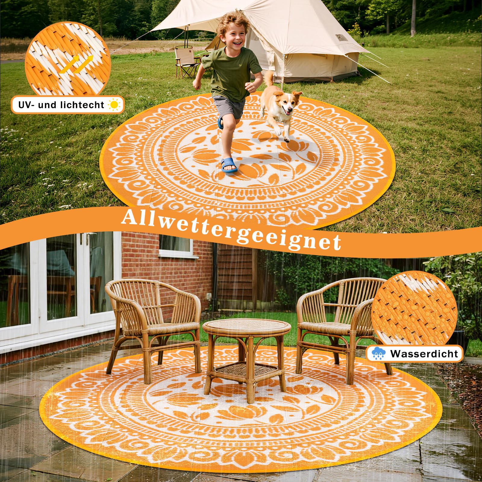 Outdoor Teppich Rund Schwarz 180 cm, Boho Wetterfest Wendbarer Outdoorteppich, Kunststoff Terrassenteppich, UV-beständige Balkon Teppich für RV Camping Deck Patio Strand Garten Picknick Orange