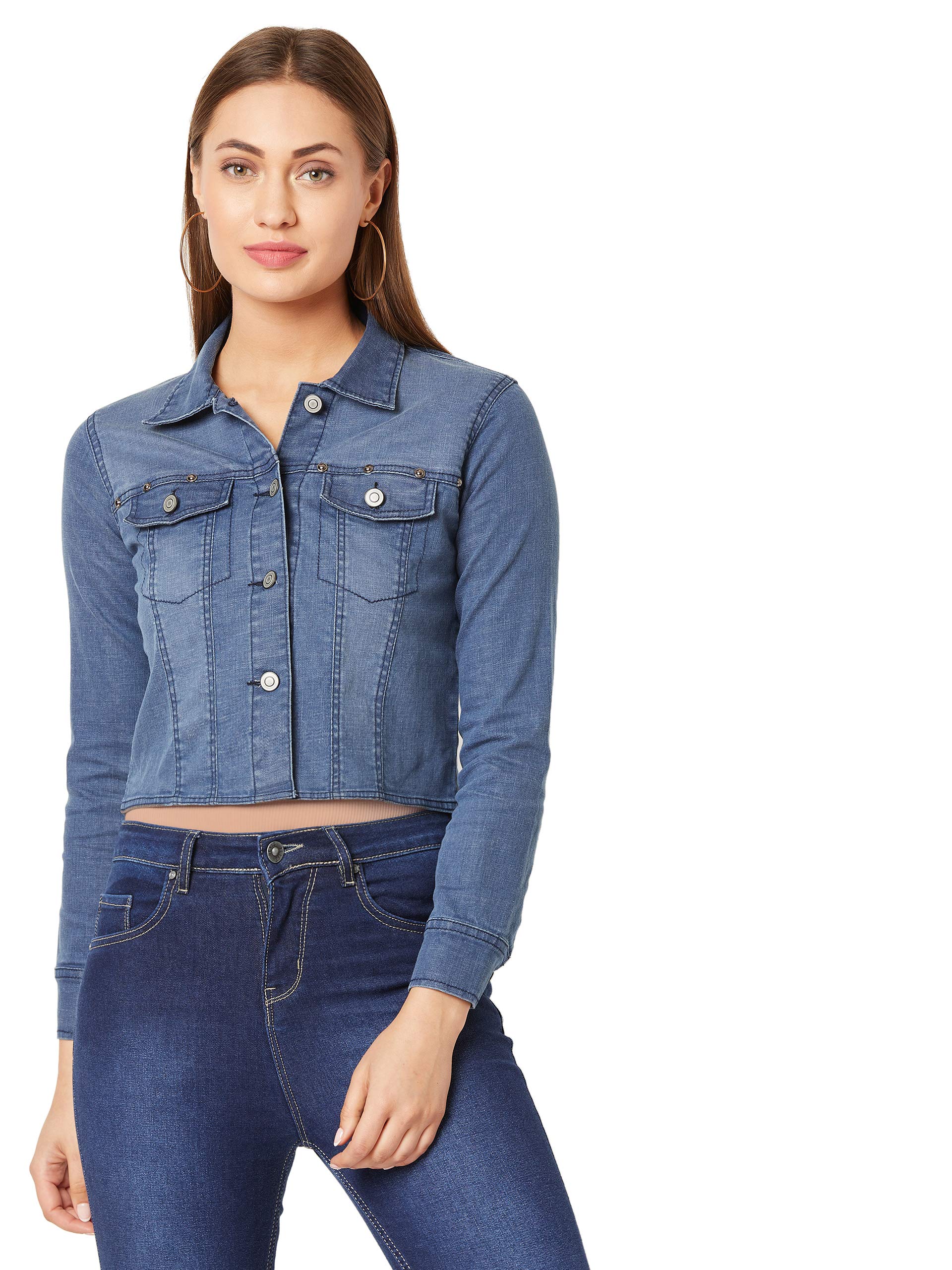 miss chase Women's Navy Blue Crop Denim Jacket-picture-13