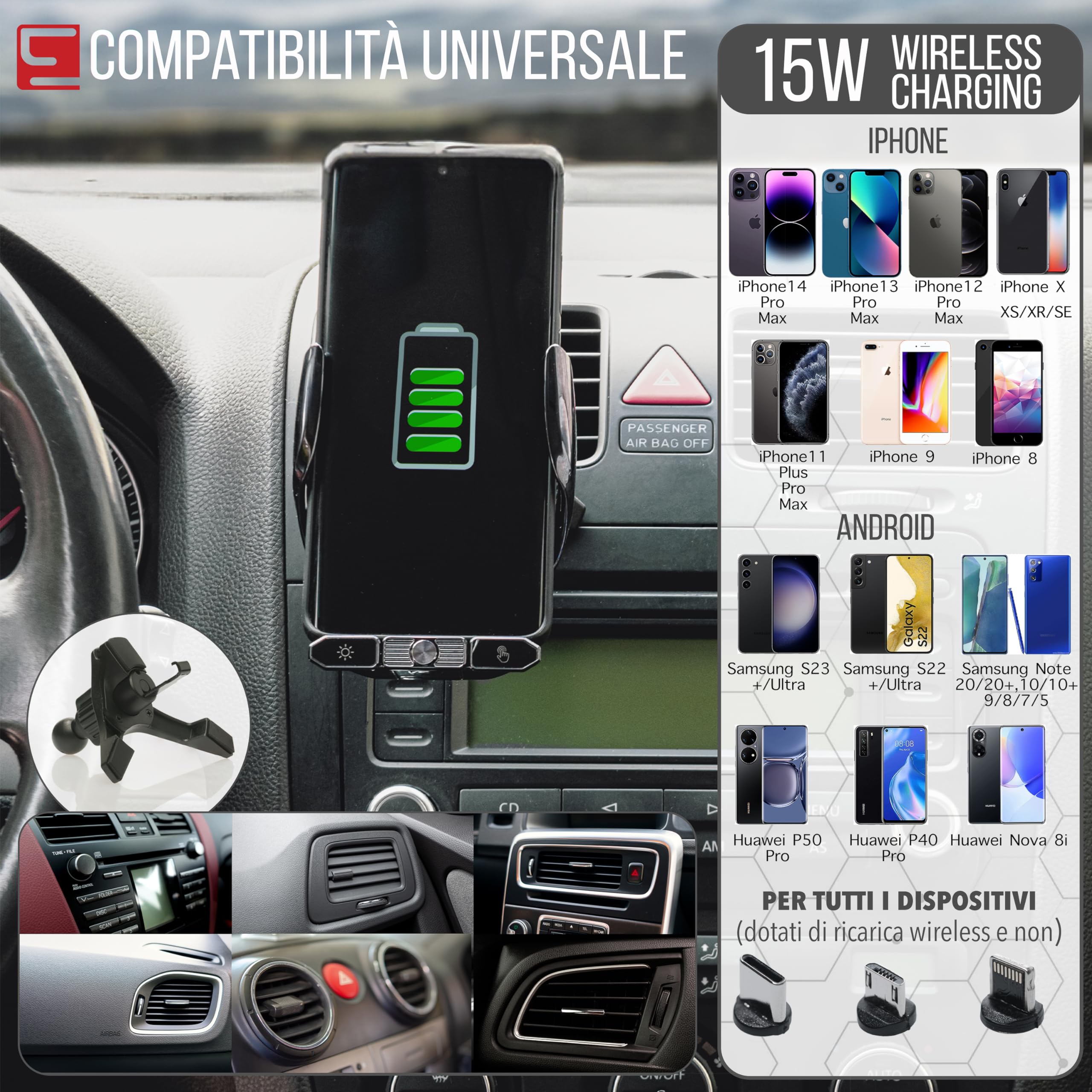 ALEMY DIGITAL Caricatore Wireless Auto, Porta Cellulare Auto, Supporto Telefono Per Auto Universale Con Ricarica e Auto Bloccaggio Con Rotazione Di 360°