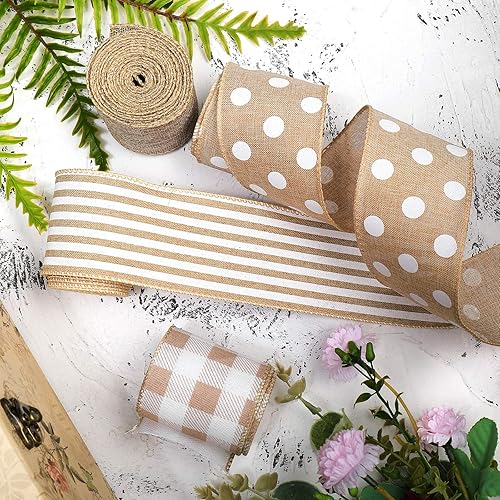 Miniatura 4 de 4 rollos de cinta de tela de arpillera con alambre de arpillera con borde de cinta de punto blanco a rayas de cuadros de cinta rústica de granja