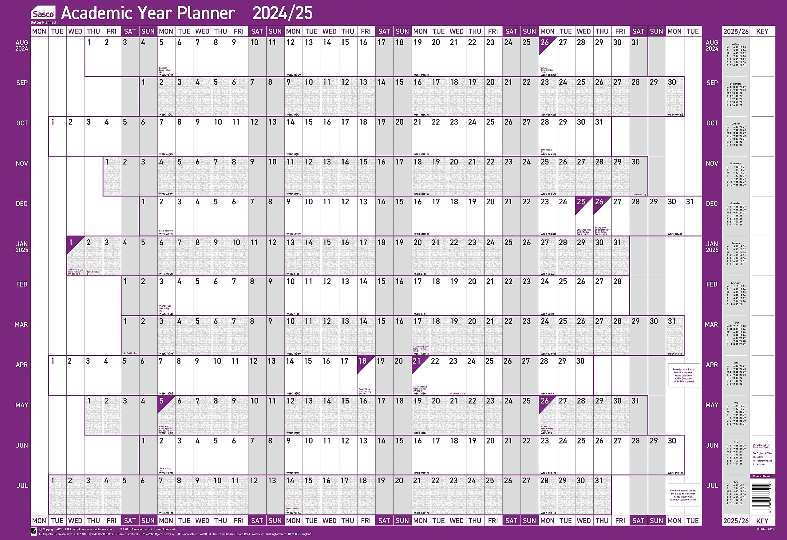 Sasco Mounted Academic Year Wall Planner 2024/25 Board (915 x 610mm) 2410226