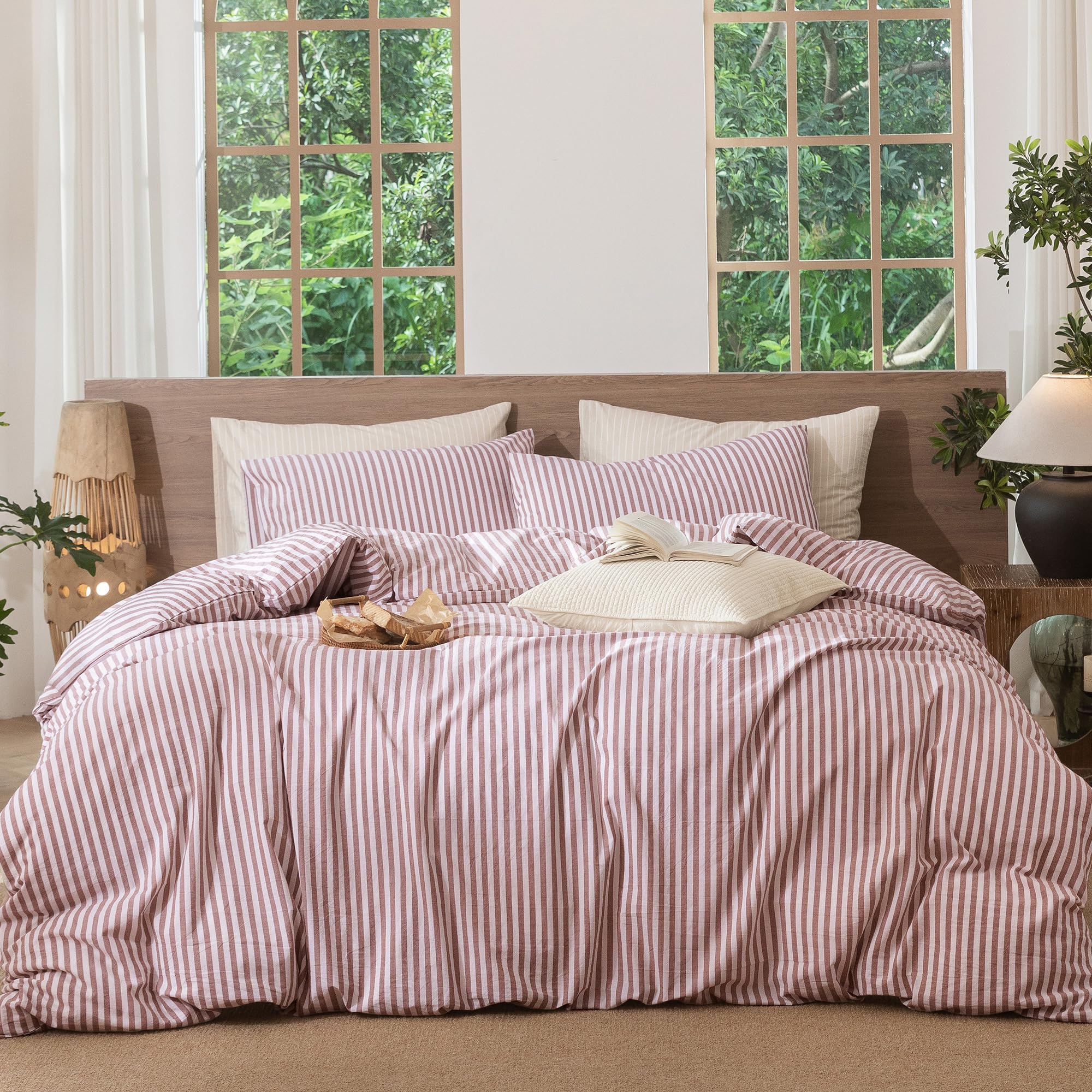 MooMee Striped Duvet Cover Set 100% Washed Cotton Linen Like King