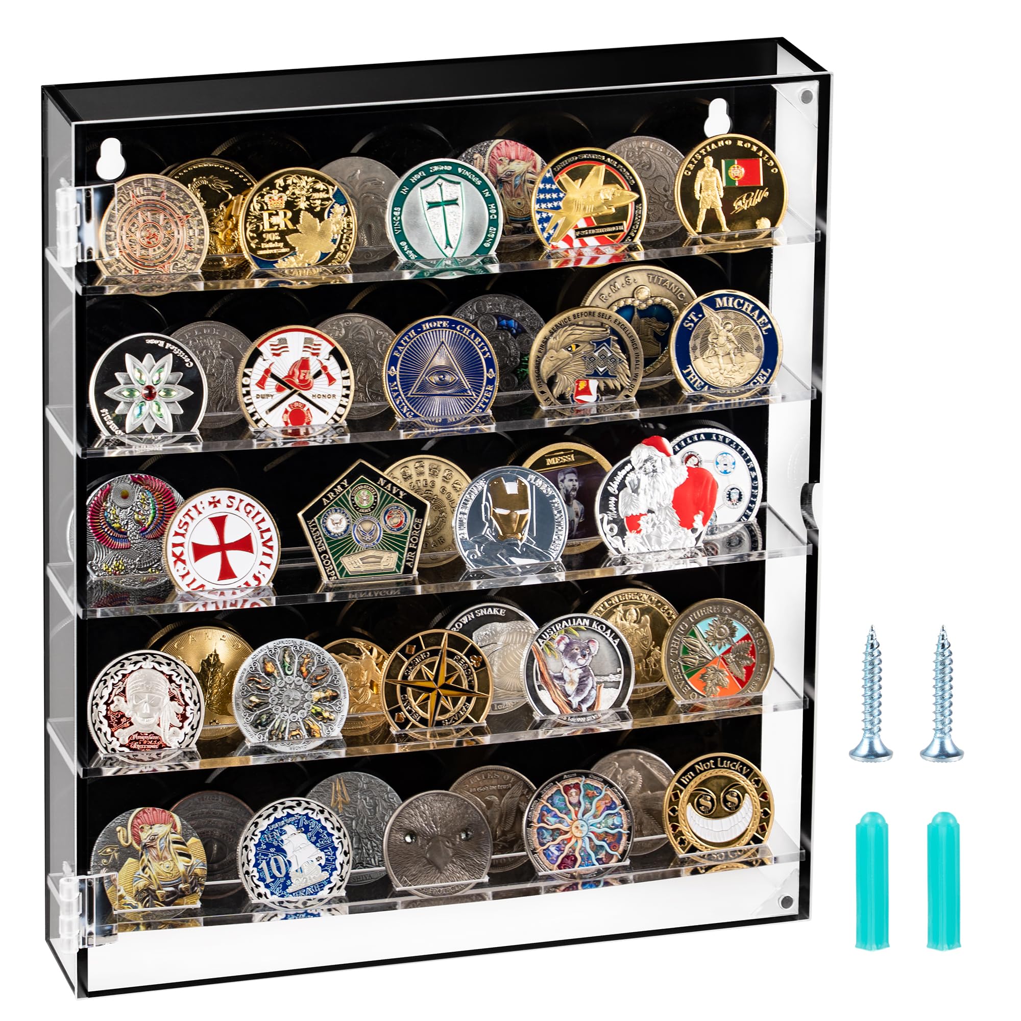 Coin Holder, Challenge Coin Display Box with Removable Shelves and Magnetic Door, Acrylic Challenge Coin Holder, Clear Coin Case Coin Box fits 45 Military Medals Poker Chip Pins Badges (Black)