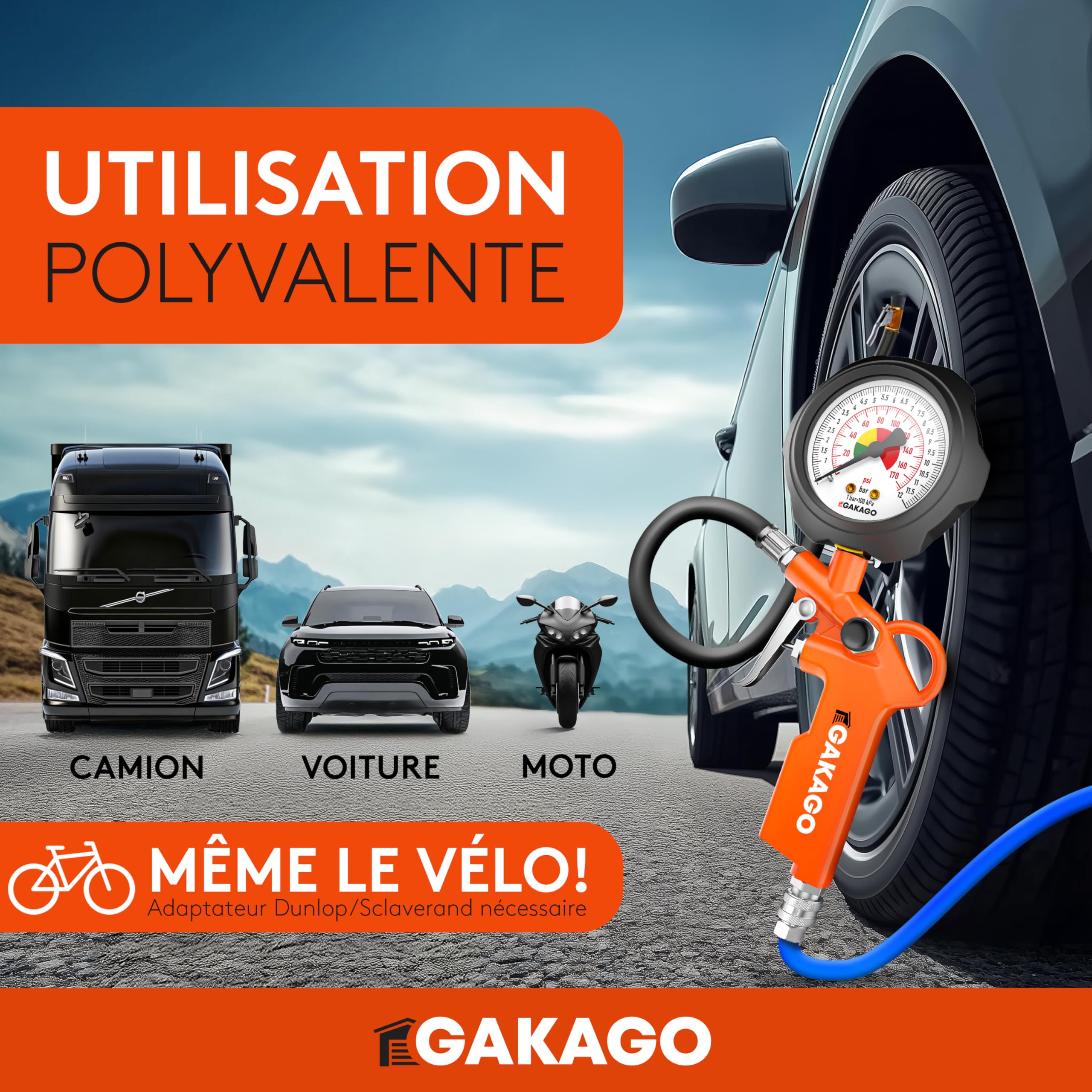 Gakago Gonfleur de pneus - Gonfleur de pneus précis avec manomètre à air comprimé de haute qualité 0-12 bar - Tuyau de gonflage extra long de 45 cm - Testeur de pression de pneus polyvalent