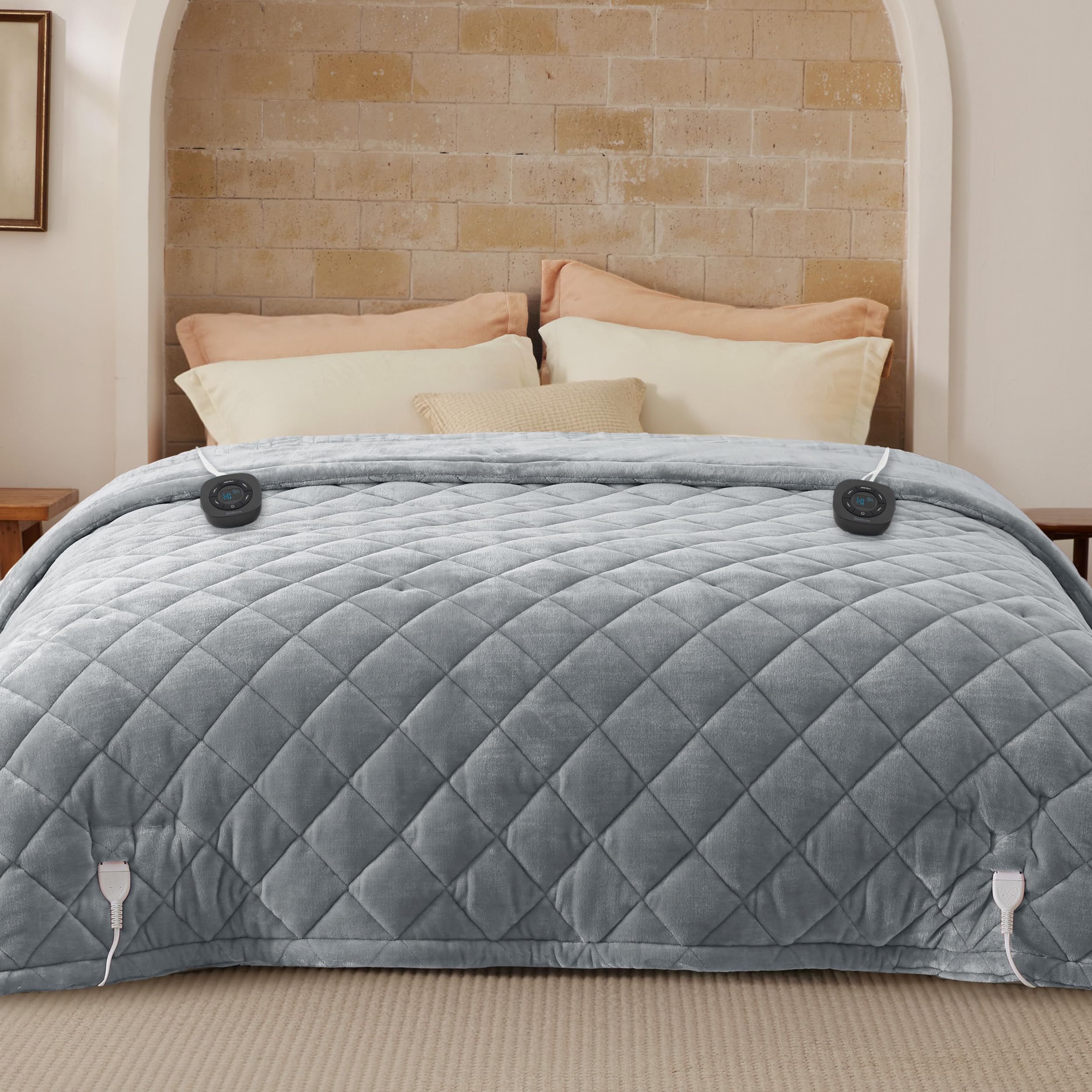 Bedsure Quilted Heated Blanket Queen Size, Filled for Extra Warmth, Gray