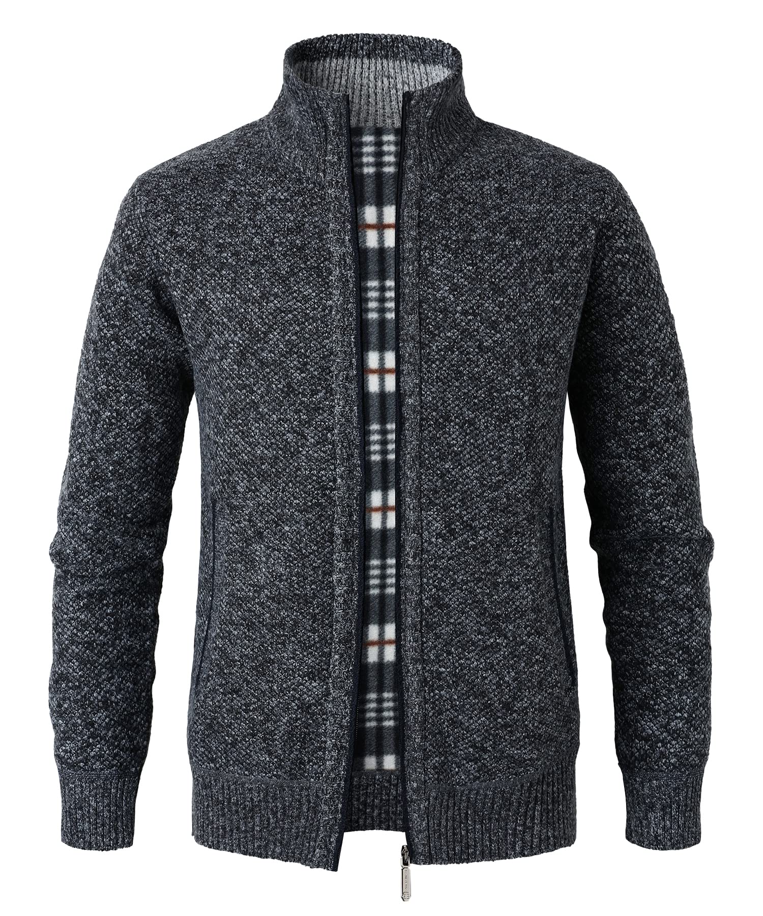 Hommes Cardigan Veste en Maille Grosse Tricoté avec Col Debout Décontractée Ouvrez-Front Zippé Gilet Automne Hiver Chaud Pulls Épais Doublé en Polaire Sweat