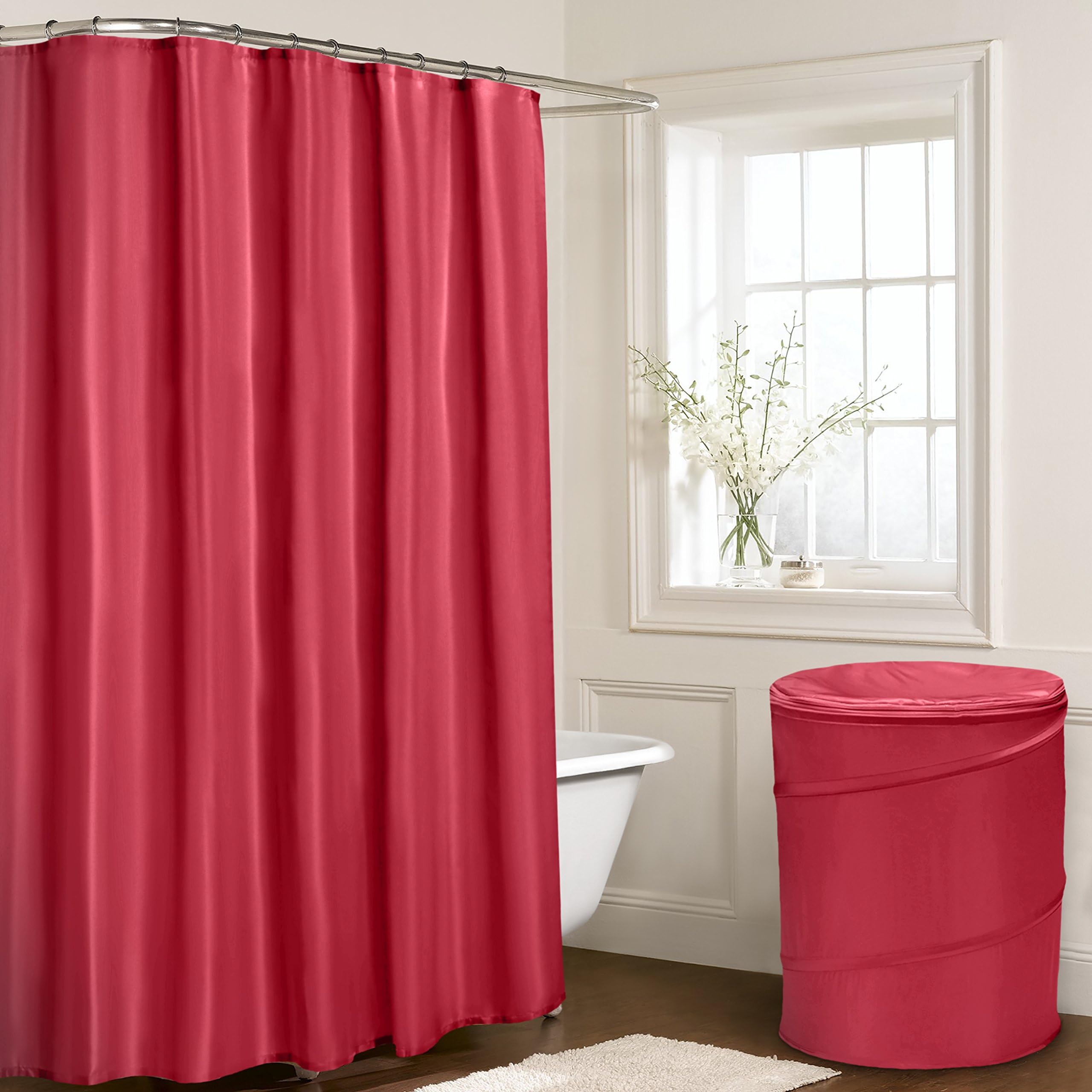 Ihidirect Waterproof Plain Bath Shower Curtain with Eyelets and Plastic Hooks - Red