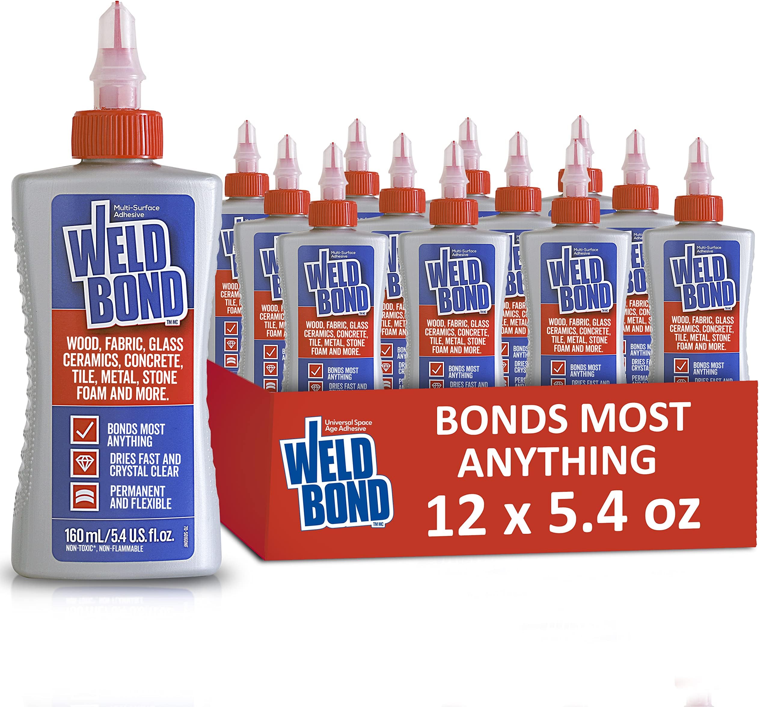 Weldbond Multi-Surface Adhesive Glue, Bonds Most Anything! Wood Glue for Furniture or Carpentry Fabric Glass Mosaic Ceramic Jewelry Stone & More. Non-Toxic, Dries Crystal Clear. 5.4oz /160ml 12-Pack