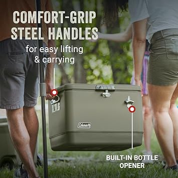 Coleman Reunion Premium Portable Cooler 54qt Steel Belted Leak-Resistant Heavy-Duty Latch Handles & Drain Built-in Bottle Opener Perfect for Camping Tailgating Beach & Picnic