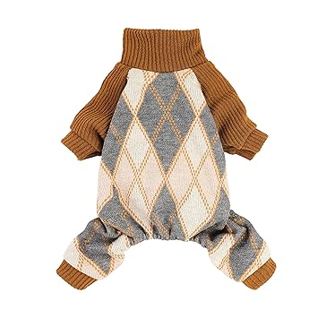 Fitwarm Argyle Dog Pajamas Thermal Knitted Pet Clothes Doggie Turtleneck PJS Lightweight Puppy Sweater Doggy Outfits Cat Jumpsuits Brown Small