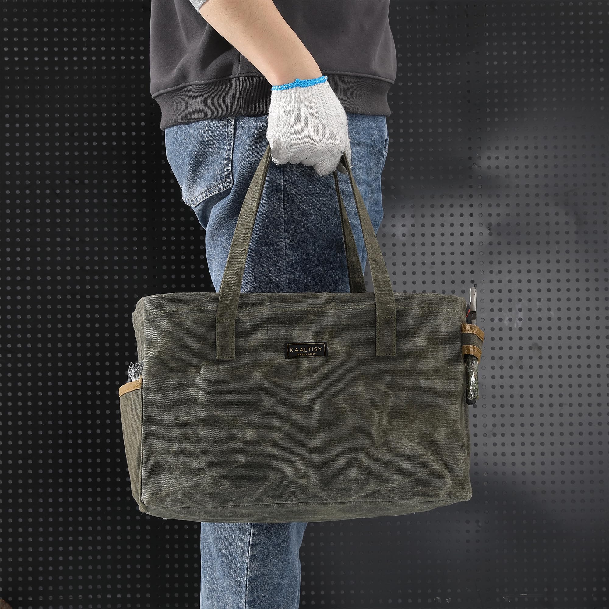 Bolsa de lona para herramientas, bolsa de transporte de herramientas de lona encerada de 16 onzas, con 8 bolsillos y barra de soporte de metal superior, bolsa de herramientas rectangular plegable de