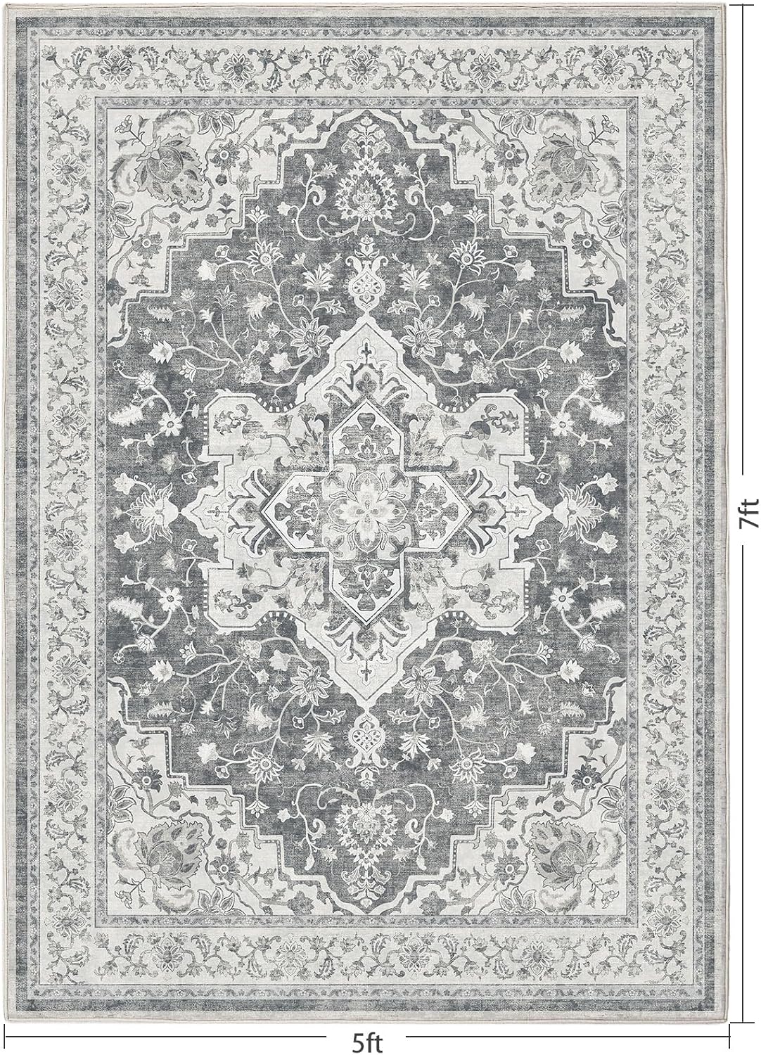 Marsail 5x7 Machine Washable Area Rug, Soft & Slip-Resistant Large Area Rug with Reinforced Bound Edges, Vintage Short-Pile Washable Rug with Floral Pattern for Living Room, Dinning Room and Bedroom