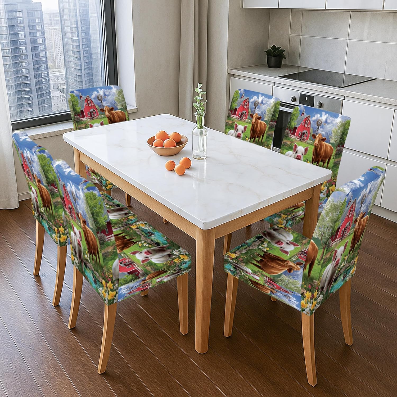 Farm Animal Pattern Chair Covers for Dining Chairs, Stretch & Washable Spandex Seat Protectors, Colorful Decorative Slipcovers for Kitchen Dining Room 6PCS