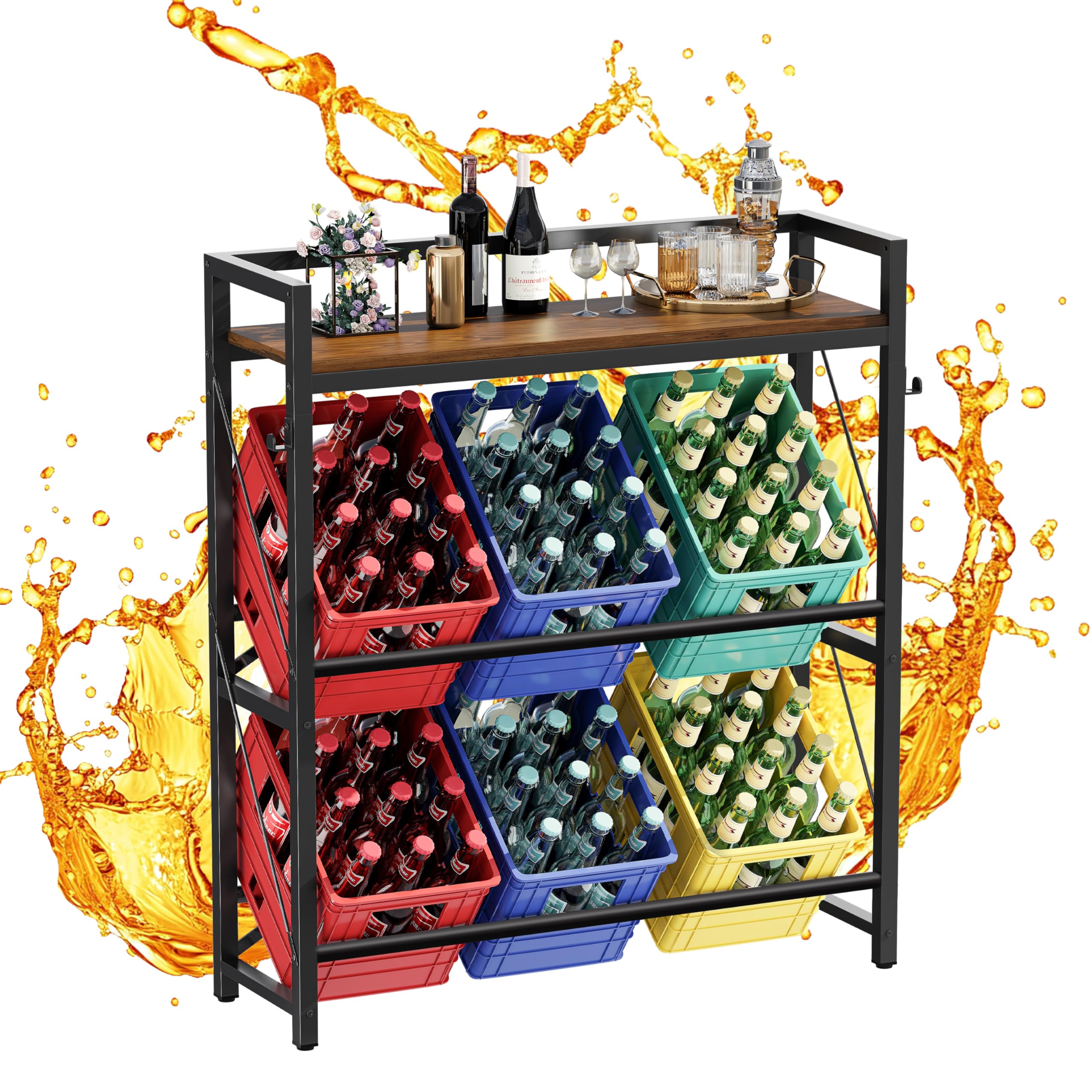 YOUDENOVA Getränkekistenregal, Getränkeregal mit Ablage für 6 Kisten, Metall kistenregal, Freistehend Kistenständer, 32D x 104W x 118H bierkastenständer, für Küche, Wohnzimmer und Keller, Braun