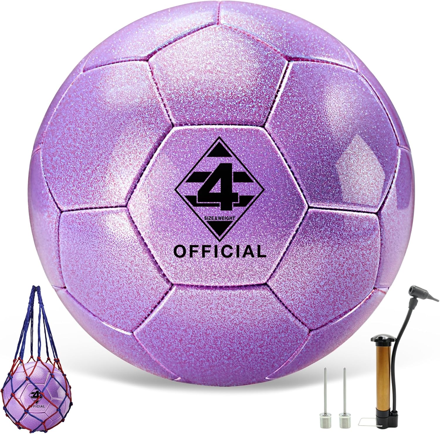 Glitter Purple Soccer Ball Size 3 4 5 with Pump & Needle/Mesh Bag, Sofu PU Soccer Ball Kit for Indoor Outdoor Practicing Training Playing Gift Teens Youth Adults