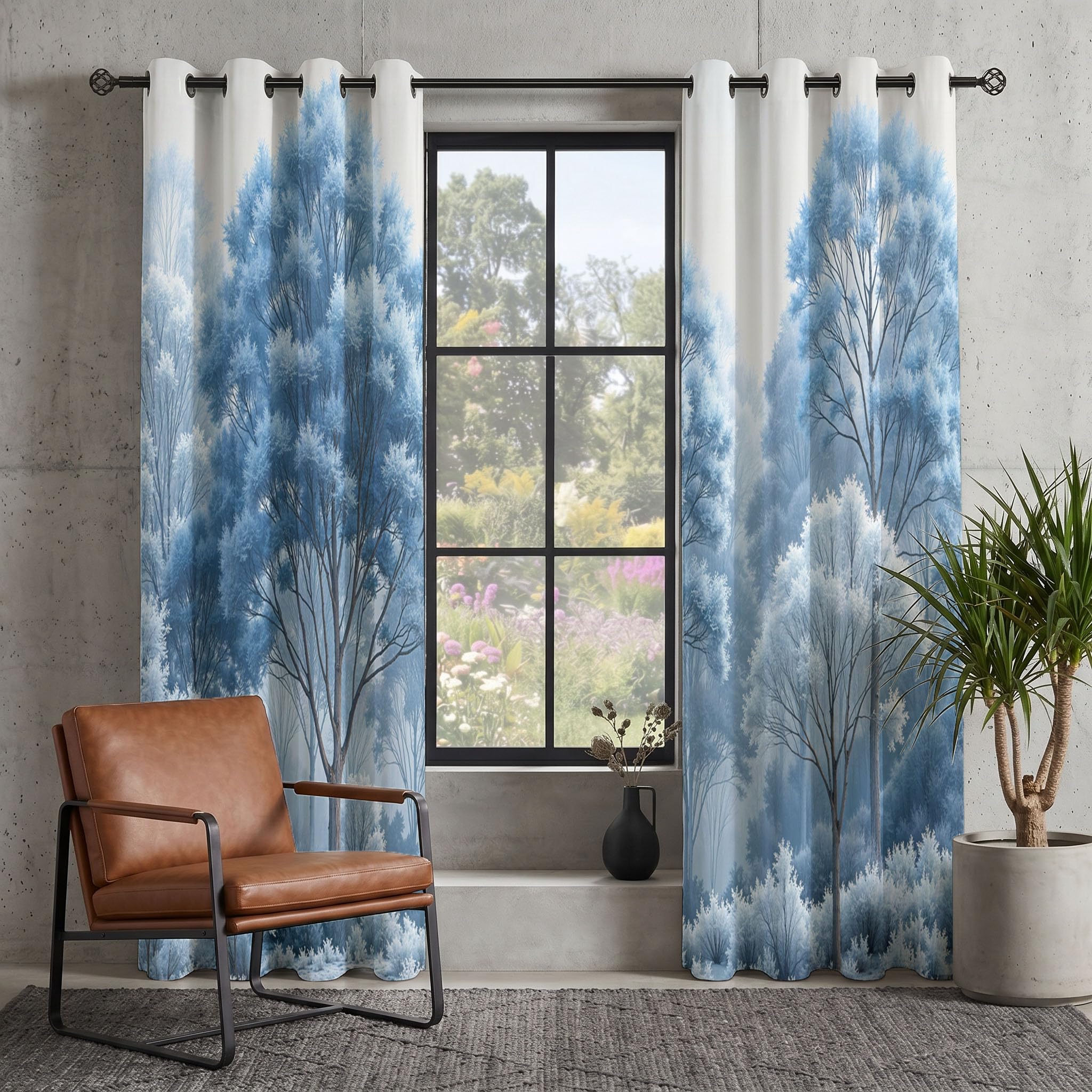 Pflanzenwald Vorhänge, Aquarellpflanzen Vorhang Blickdicht Thermo Verdunkelungsvorhänge Mit Ösen - Blau Gardinen Wohnzimmer Schlafzimmer Fenster - H175 x B140 cm (2er Pack)