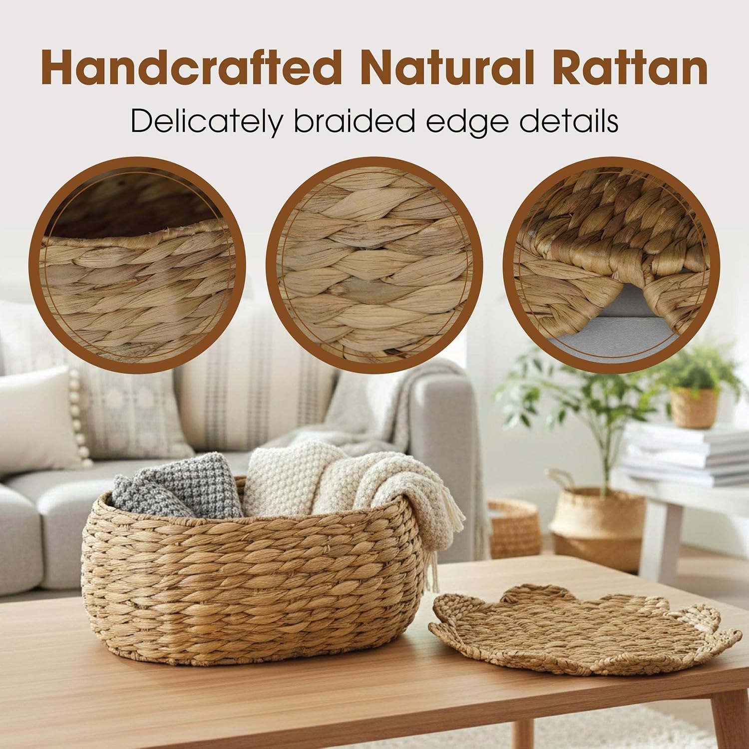 Boho Rattan Basket Set of 2, Scalloped Wicker Storage Baskets with Lids, Handwoven Woven Storage Basket Decorative Basket, Vintage Picnic Basket, Wicker Bread Basket, Natural Decorative Storage