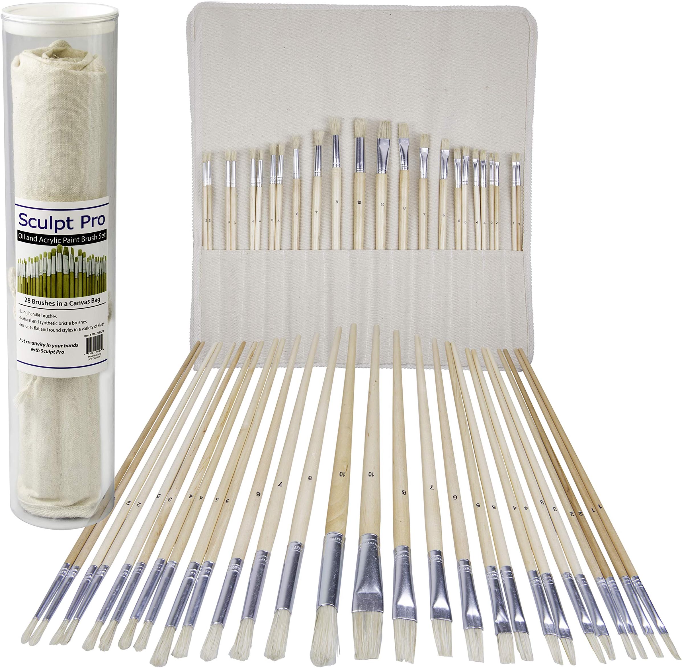 Artist Paint Brush Set - 28 Pcs - Extra Long Handle Paintbrushes w Roll-Up Canvas Bag for Oil, Acrylic, Watercolor - Flat and Round Bristles for Every Painting Style - Great Gift